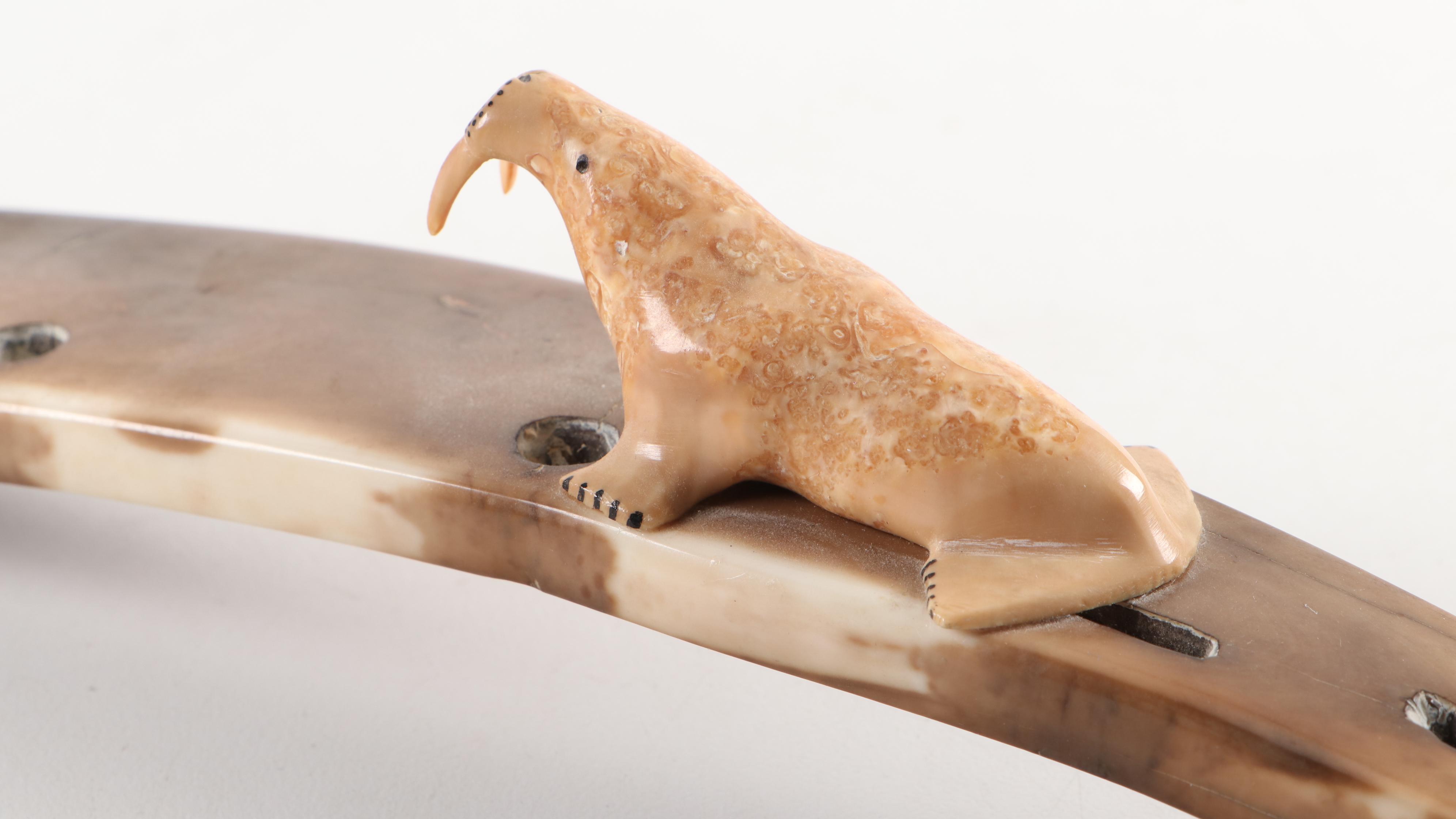 Carved Walrus Ivory Baculum and Walrus Ivory Seal and Walrus Figurines