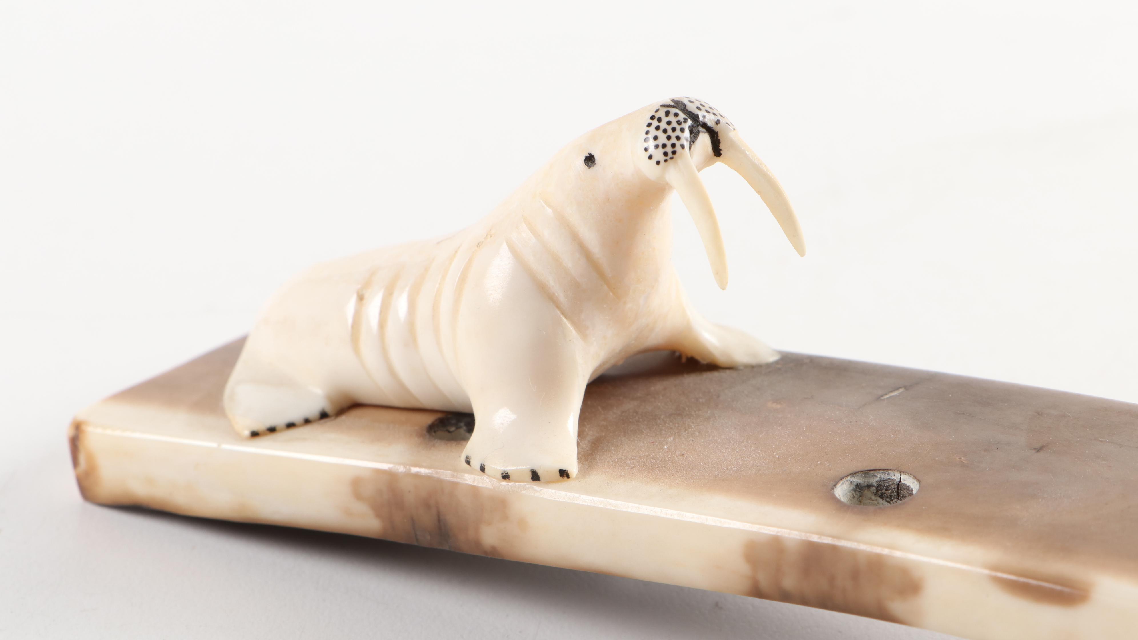 Carved Walrus Ivory Baculum and Walrus Ivory Seal and Walrus Figurines