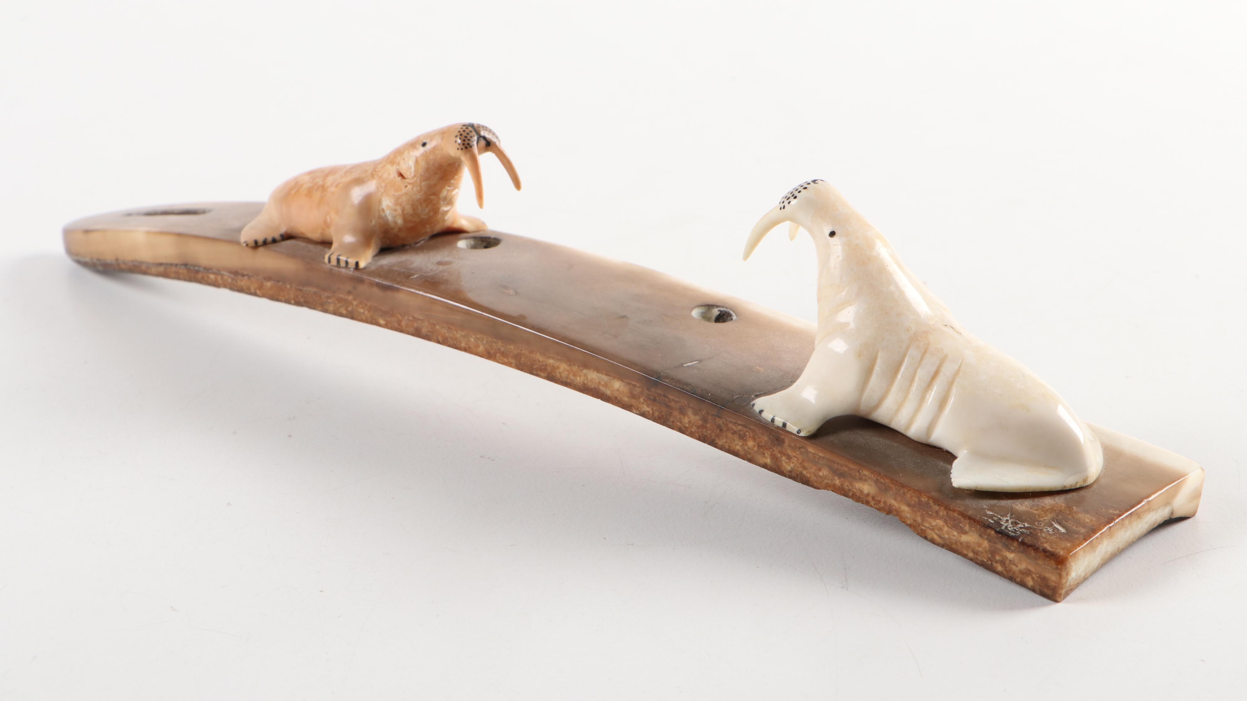 Carved Walrus Ivory Baculum and Walrus Ivory Seal and Walrus Figurines