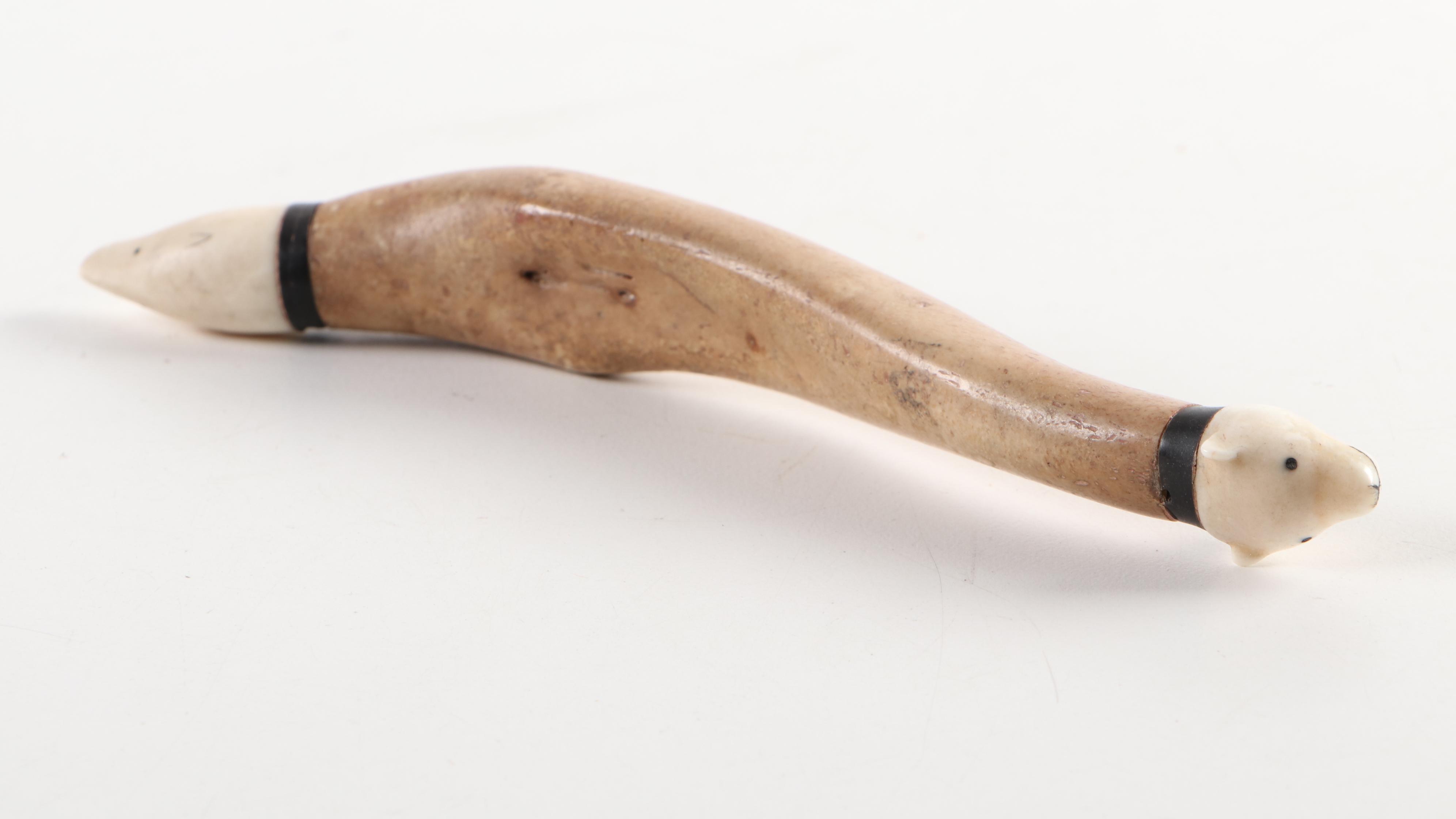 Carved Walrus Ivory Baculum and Walrus Ivory Seal and Walrus Figurines