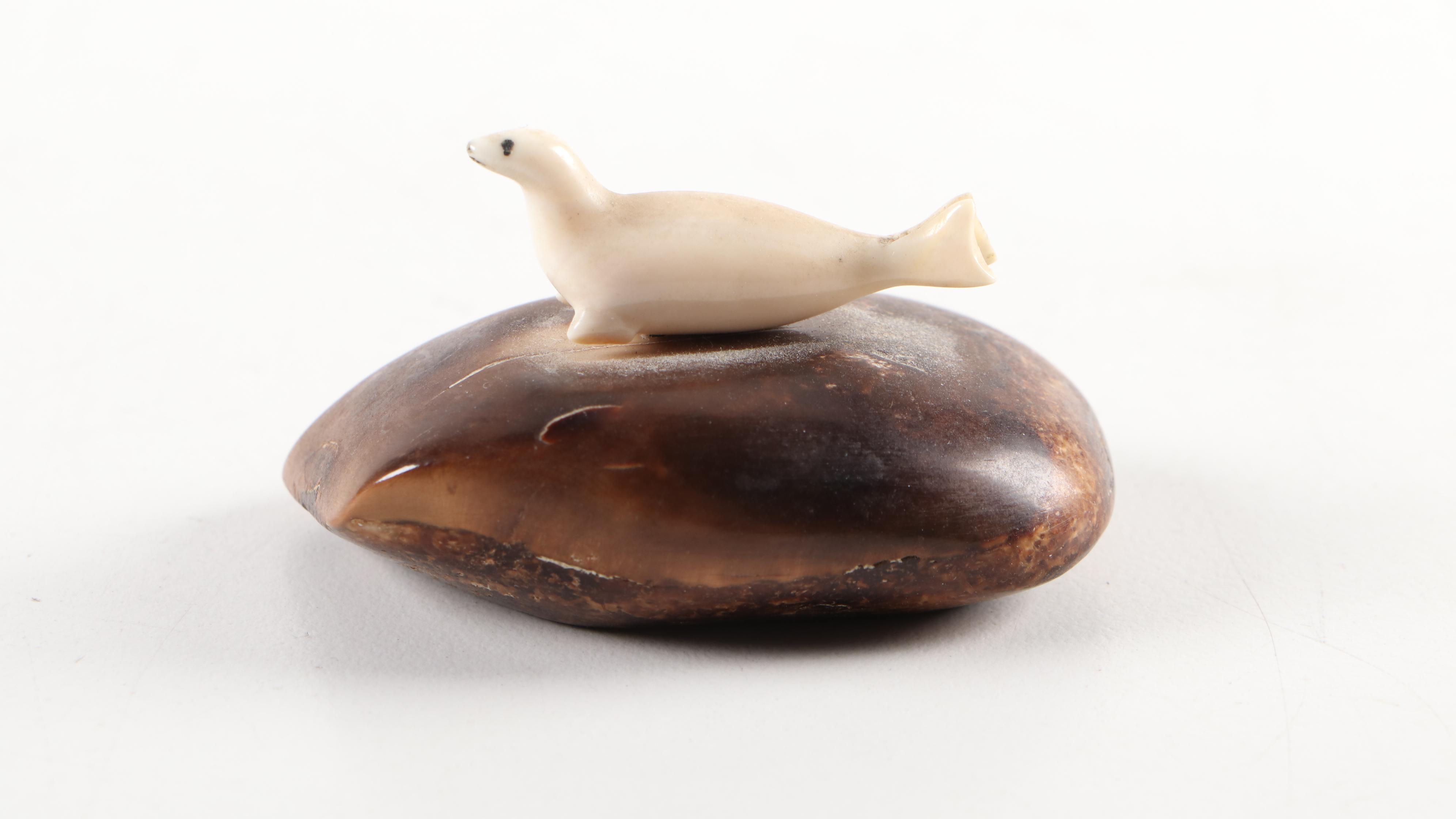 Carved Walrus Ivory Baculum and Walrus Ivory Seal and Walrus Figurines