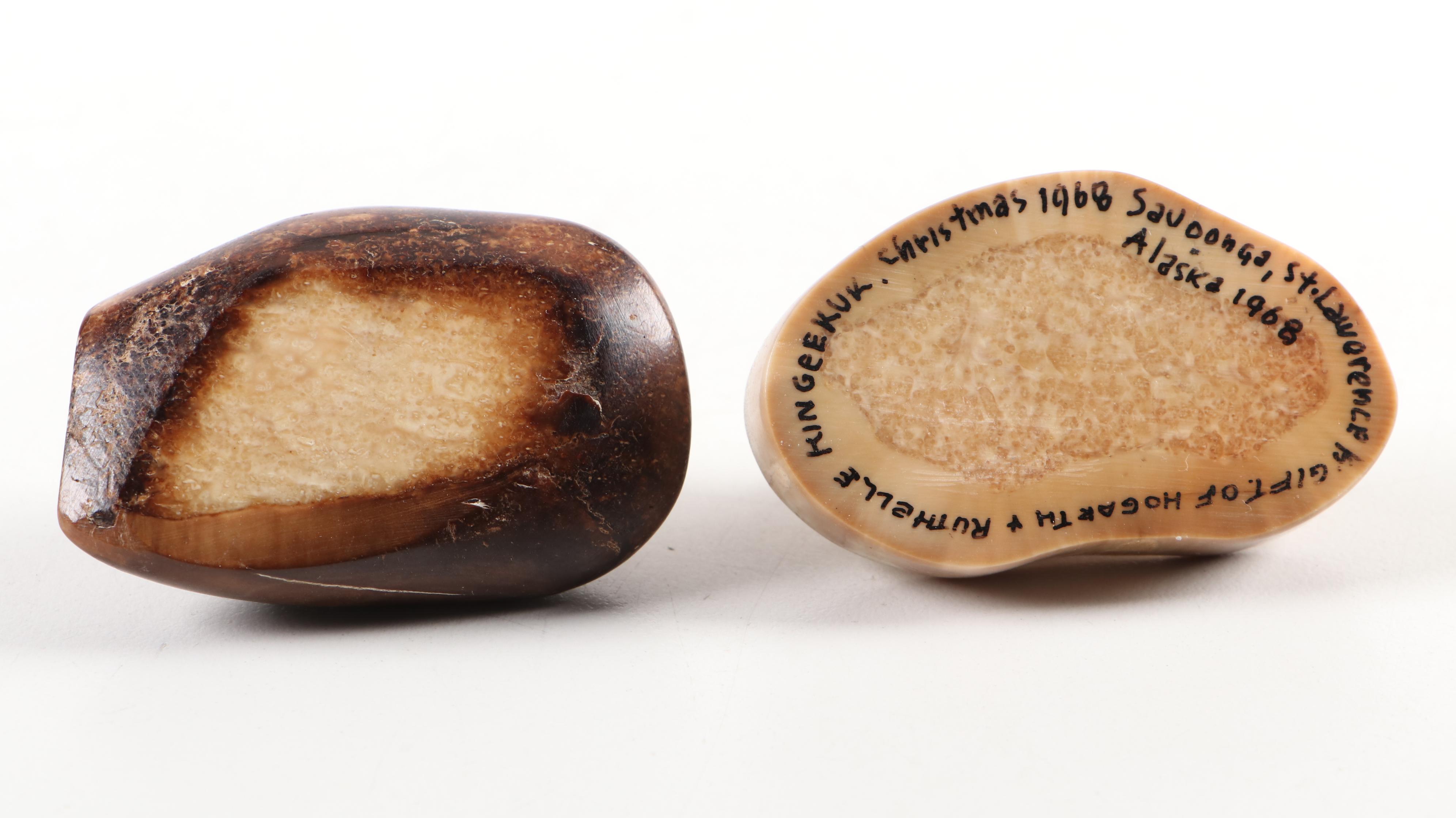 Carved Walrus Ivory Baculum and Walrus Ivory Seal and Walrus Figurines