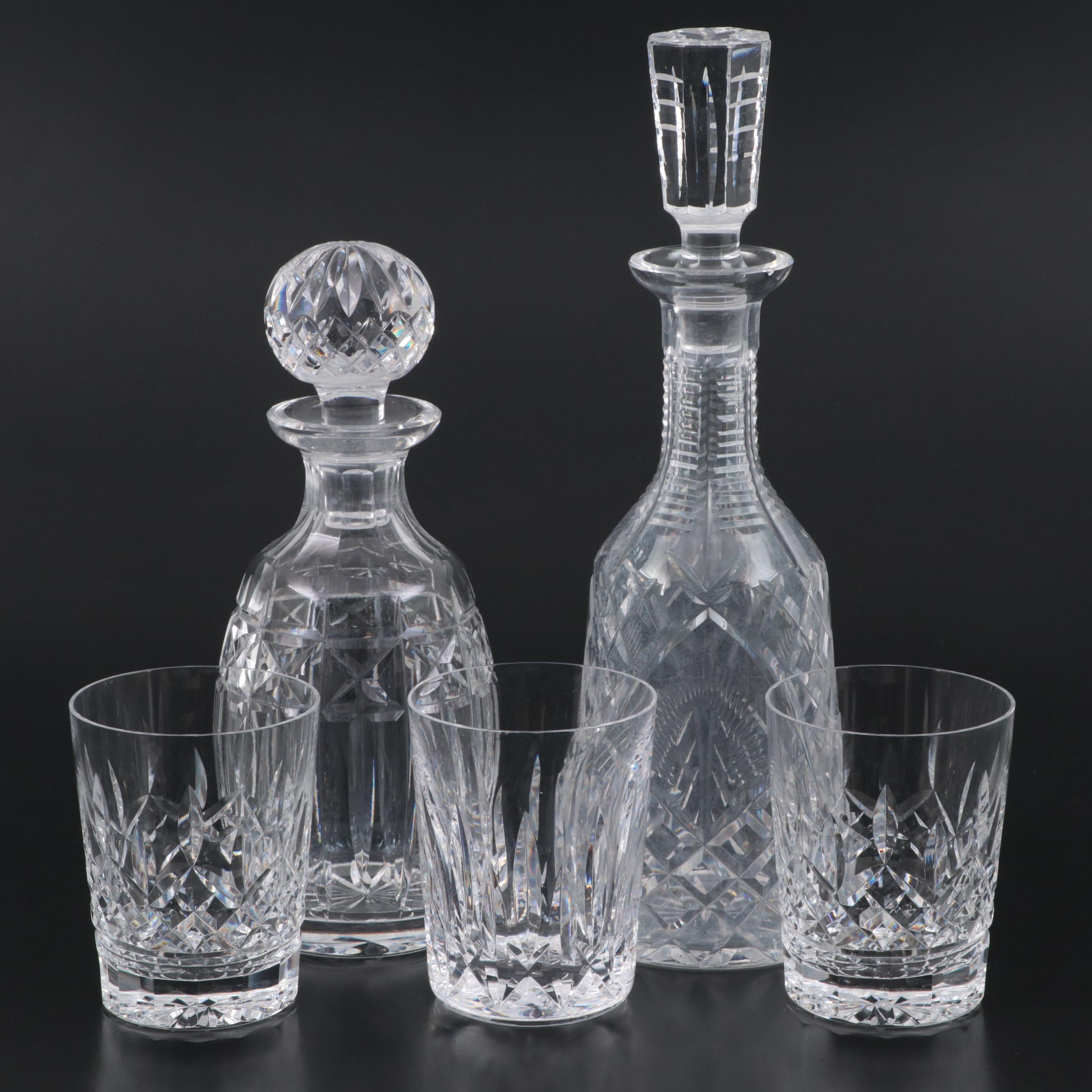 Waterford Crystal Decanters and Double Old Fashioned Glasses, Mid to Late 20th C