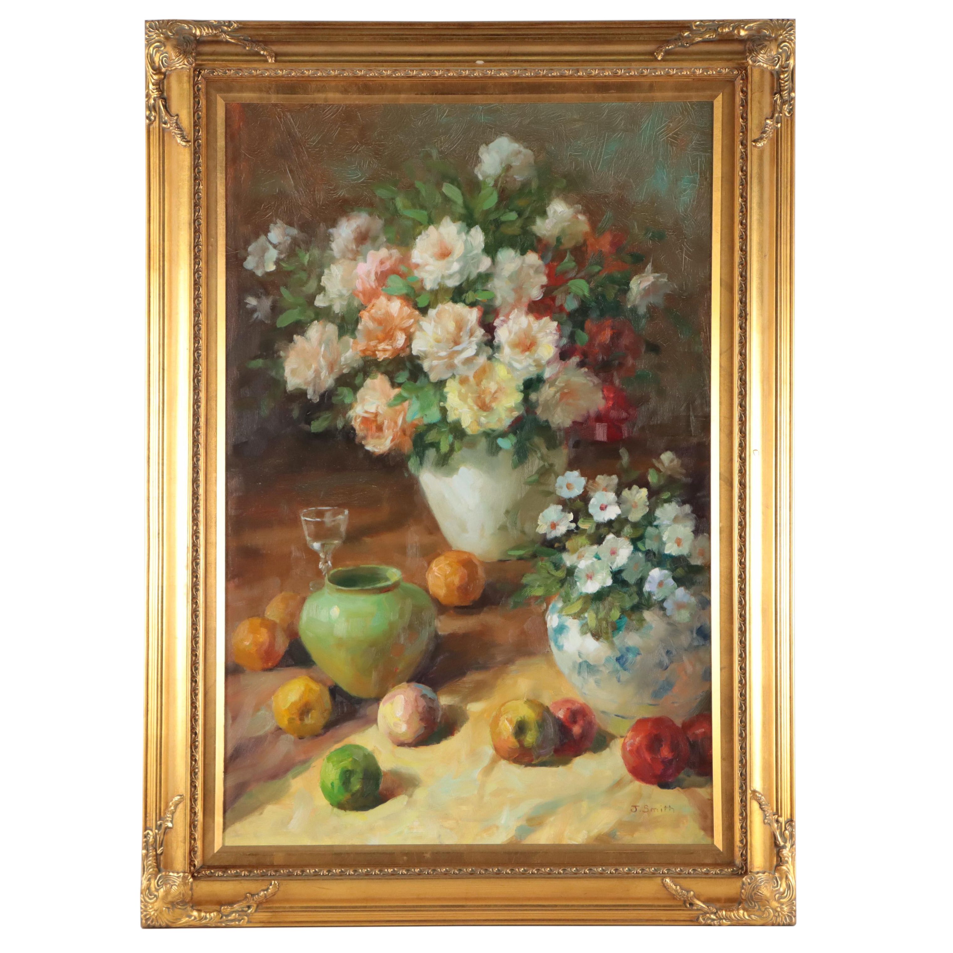 J. Smith Oil Painting of Floral Still Life