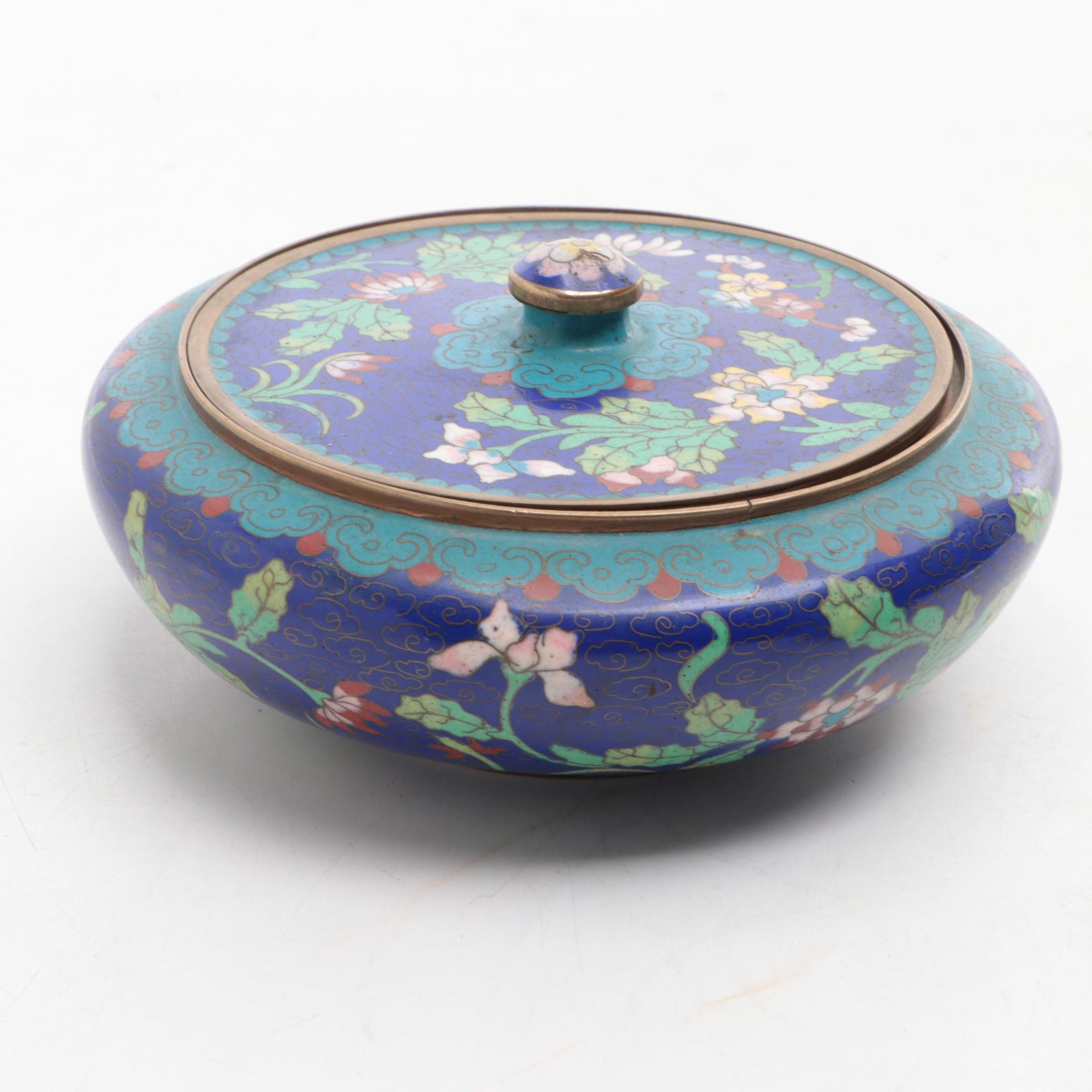 Chinese Cloisonné Enamel Cobalt Blue Vases and Lidded Bowl, 20th Century