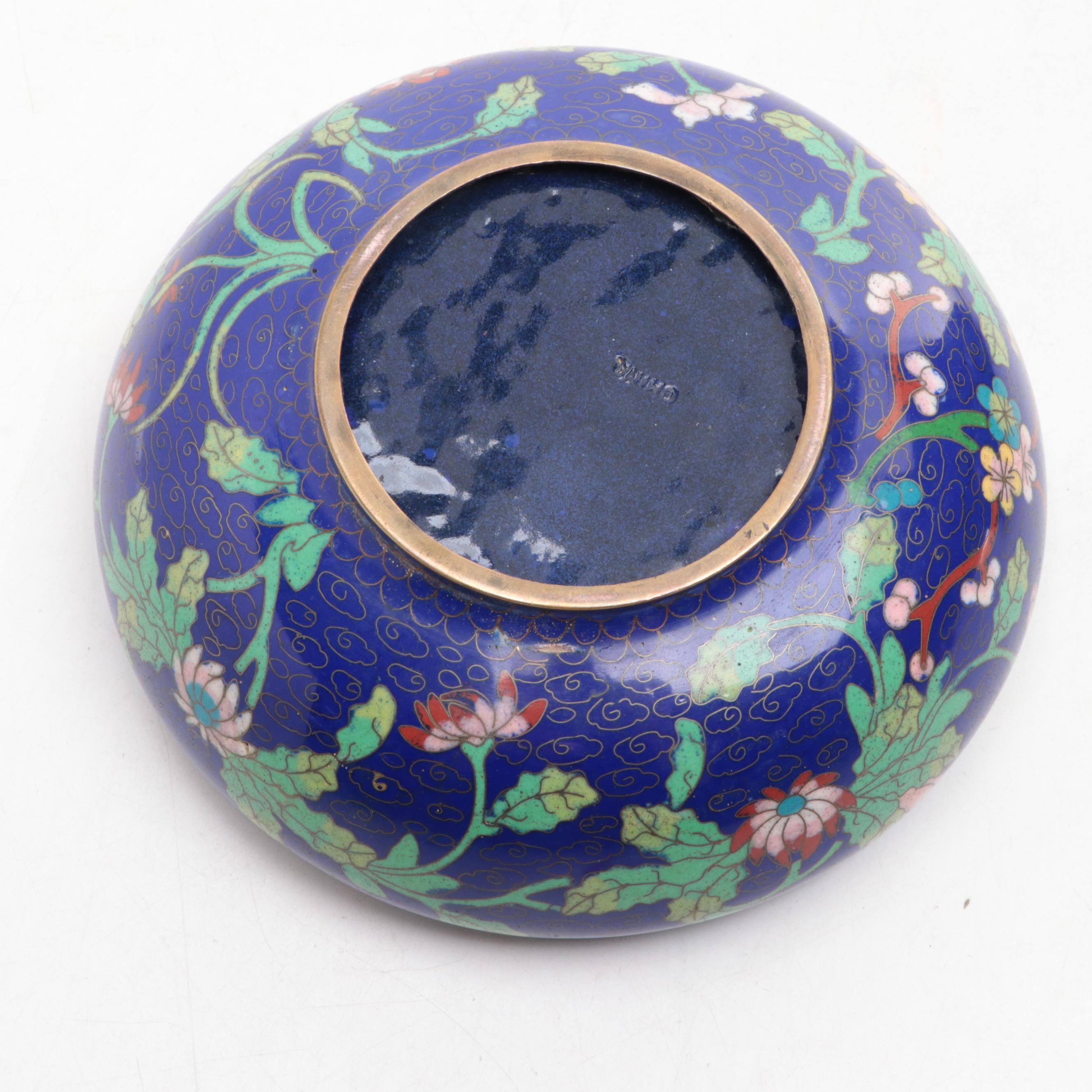 Chinese Cloisonné Enamel Cobalt Blue Vases and Lidded Bowl, 20th Century