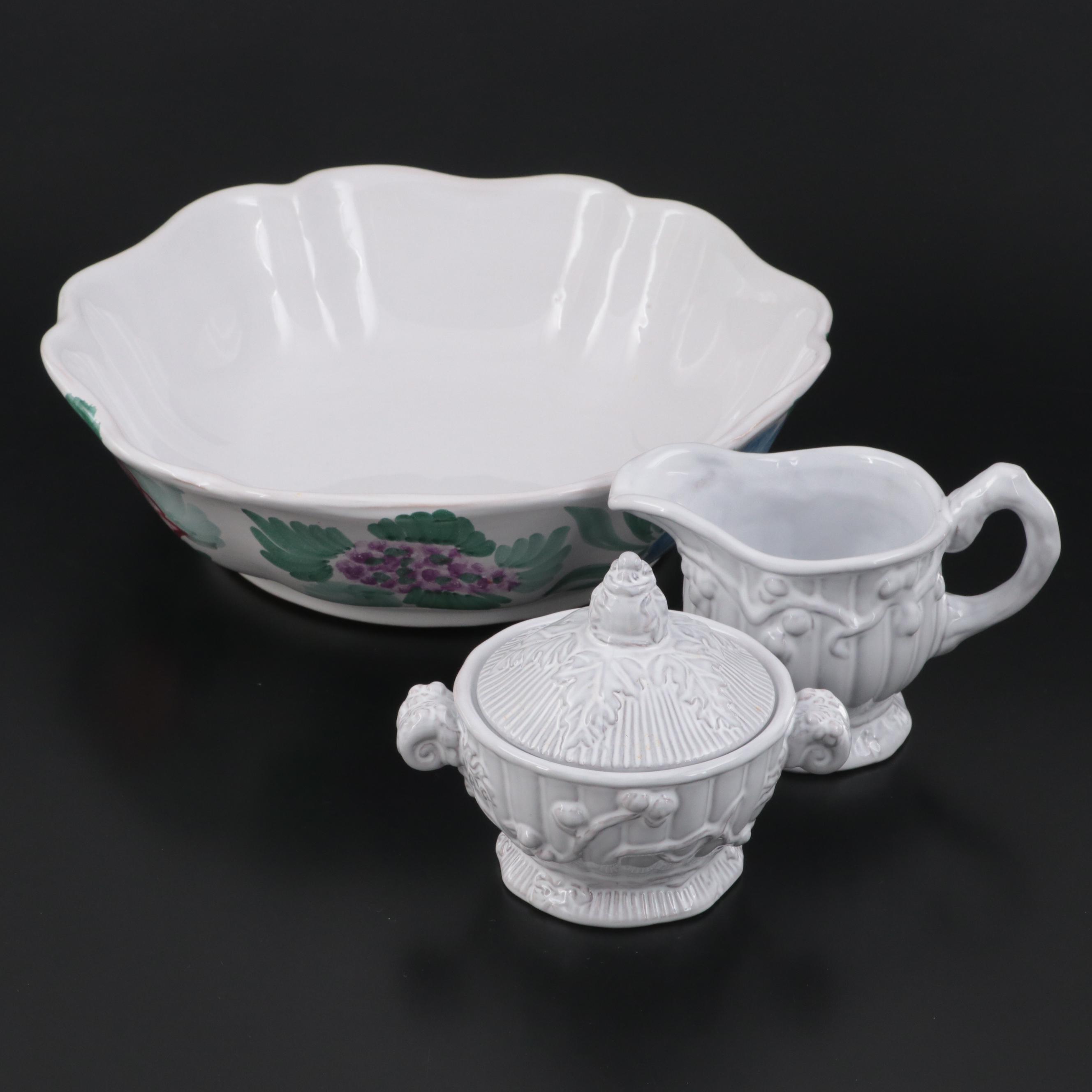 Italian Hand-Painted Glazed Earthenware Serving Dish With Sugar and Creamer