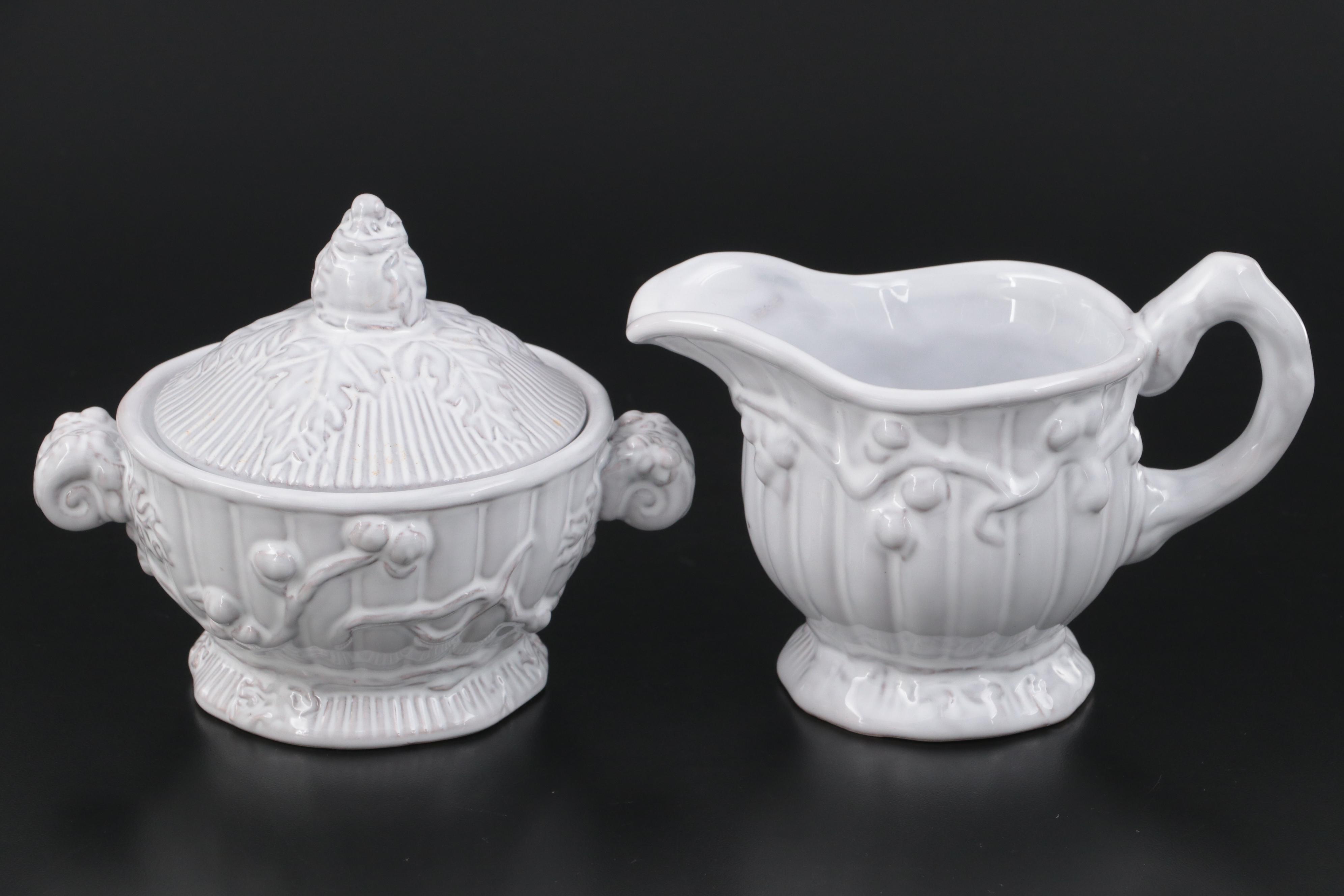 Italian Hand-Painted Glazed Earthenware Serving Dish With Sugar and Creamer