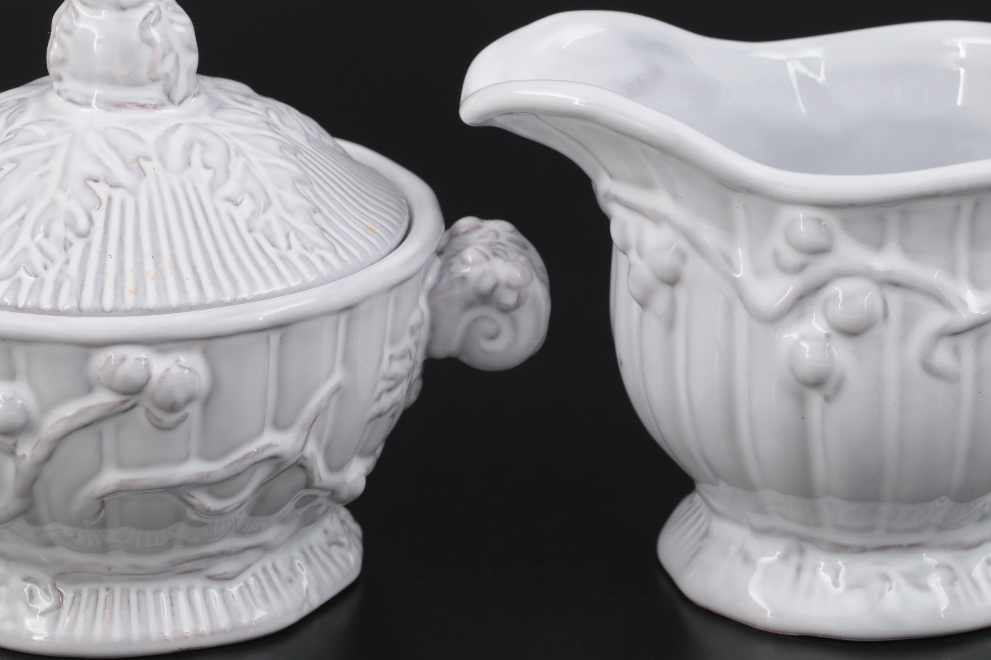 Italian Hand-Painted Glazed Earthenware Serving Dish With Sugar and Creamer