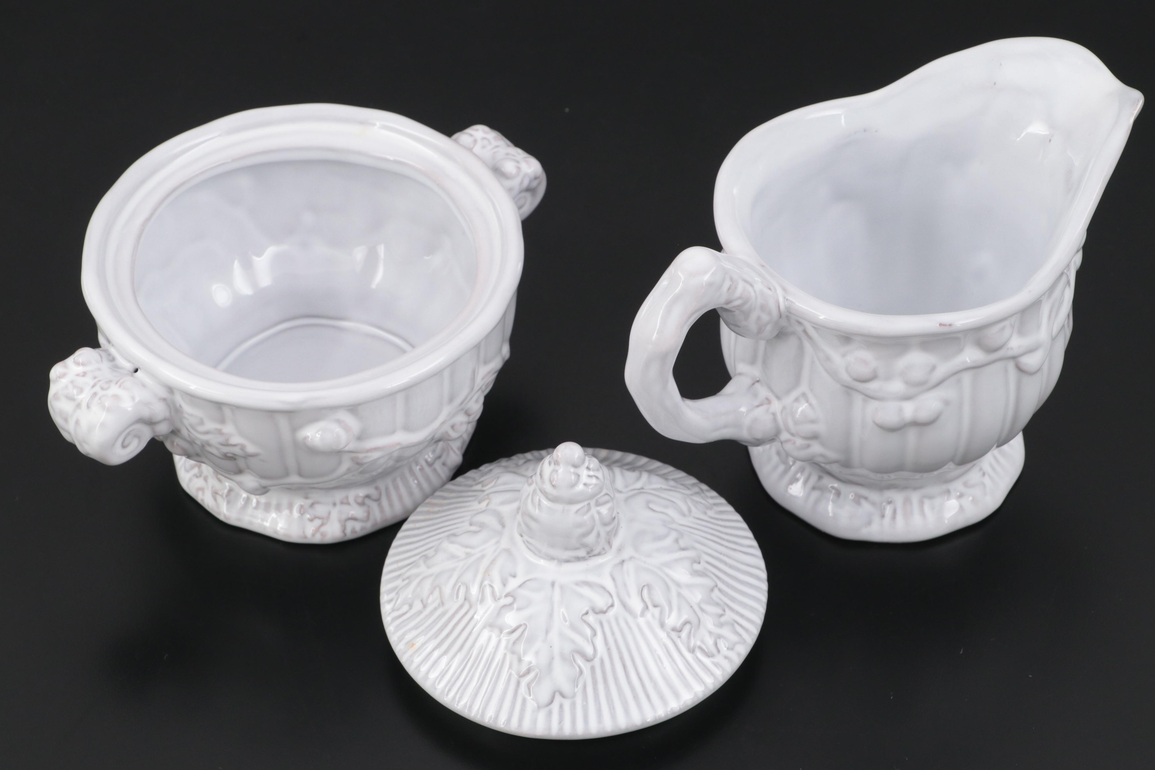 Italian Hand-Painted Glazed Earthenware Serving Dish With Sugar and Creamer