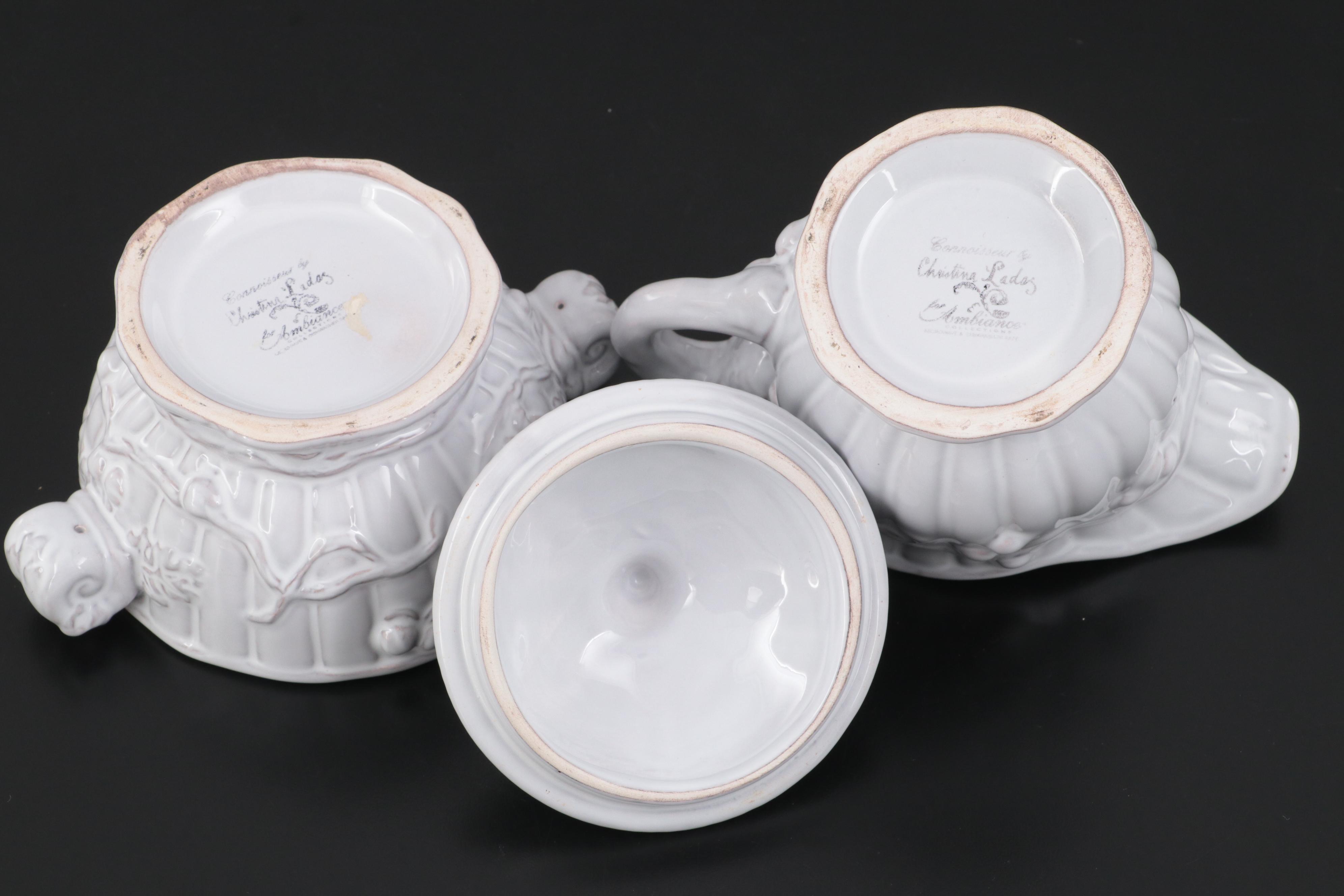 Italian Hand-Painted Glazed Earthenware Serving Dish With Sugar and Creamer