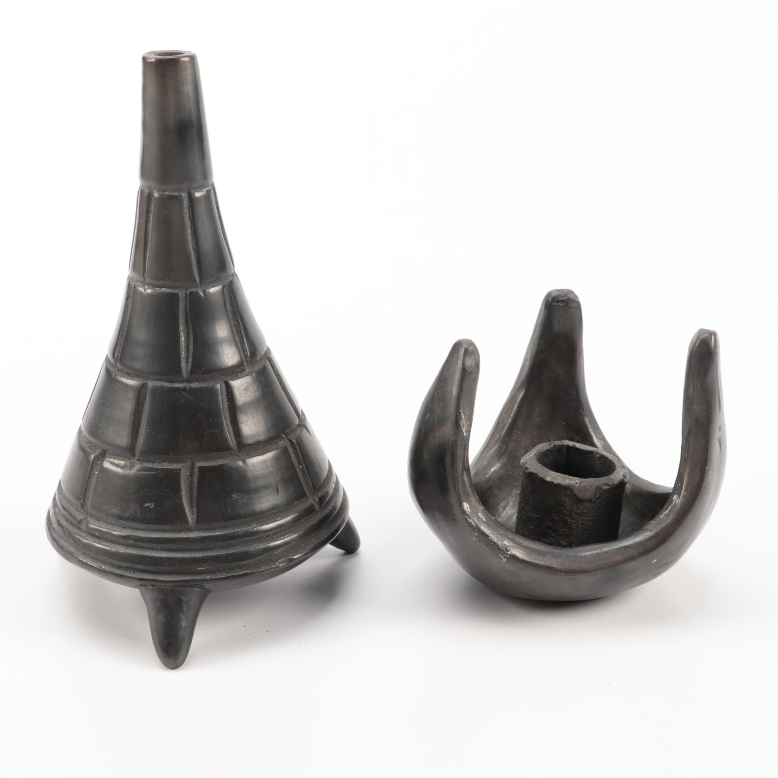 Lama Oaxaca Mexico Black Pottery Candle Holders
