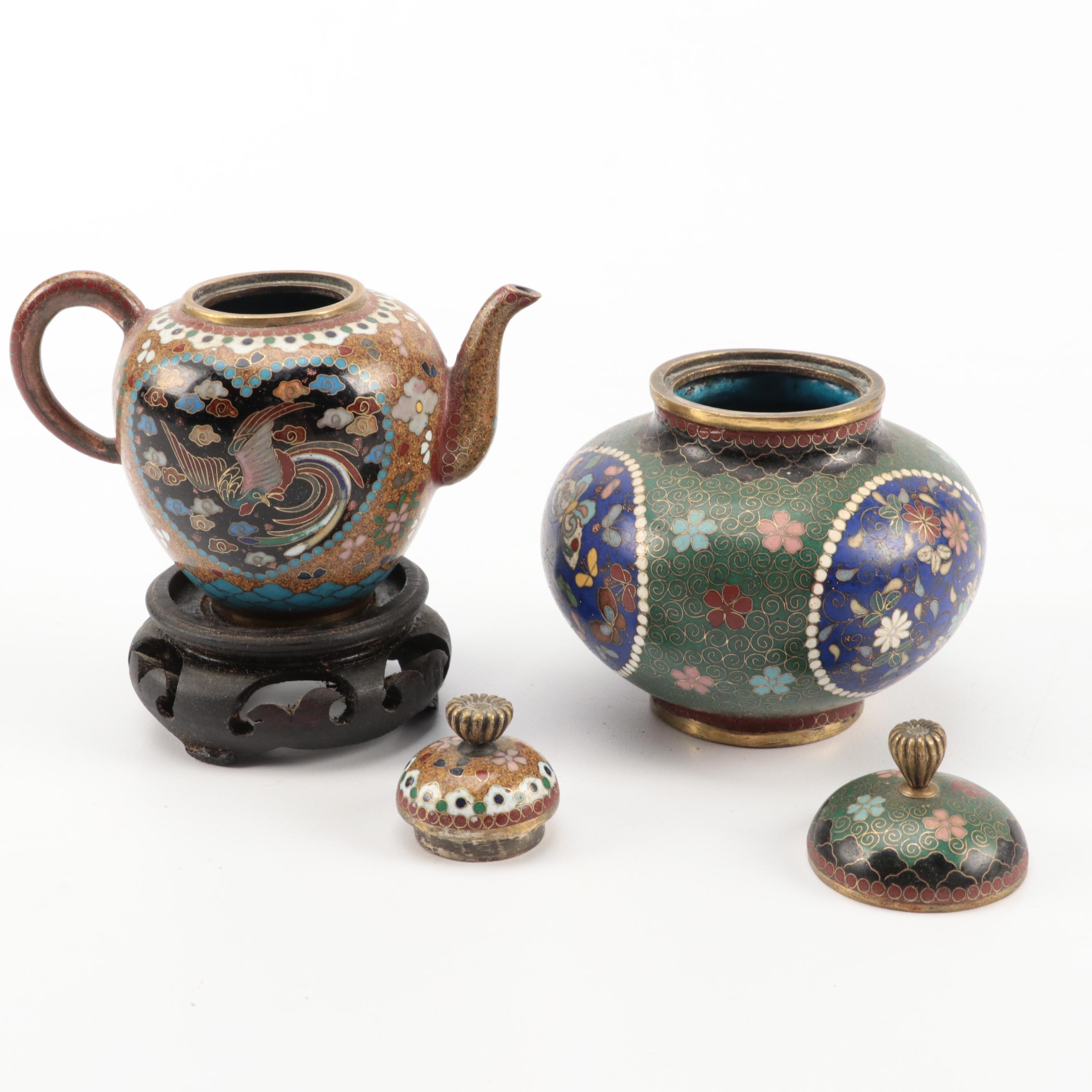 Chinese Cloisonne Vases, Jar, Miniature Teapot and Snuff Bottle