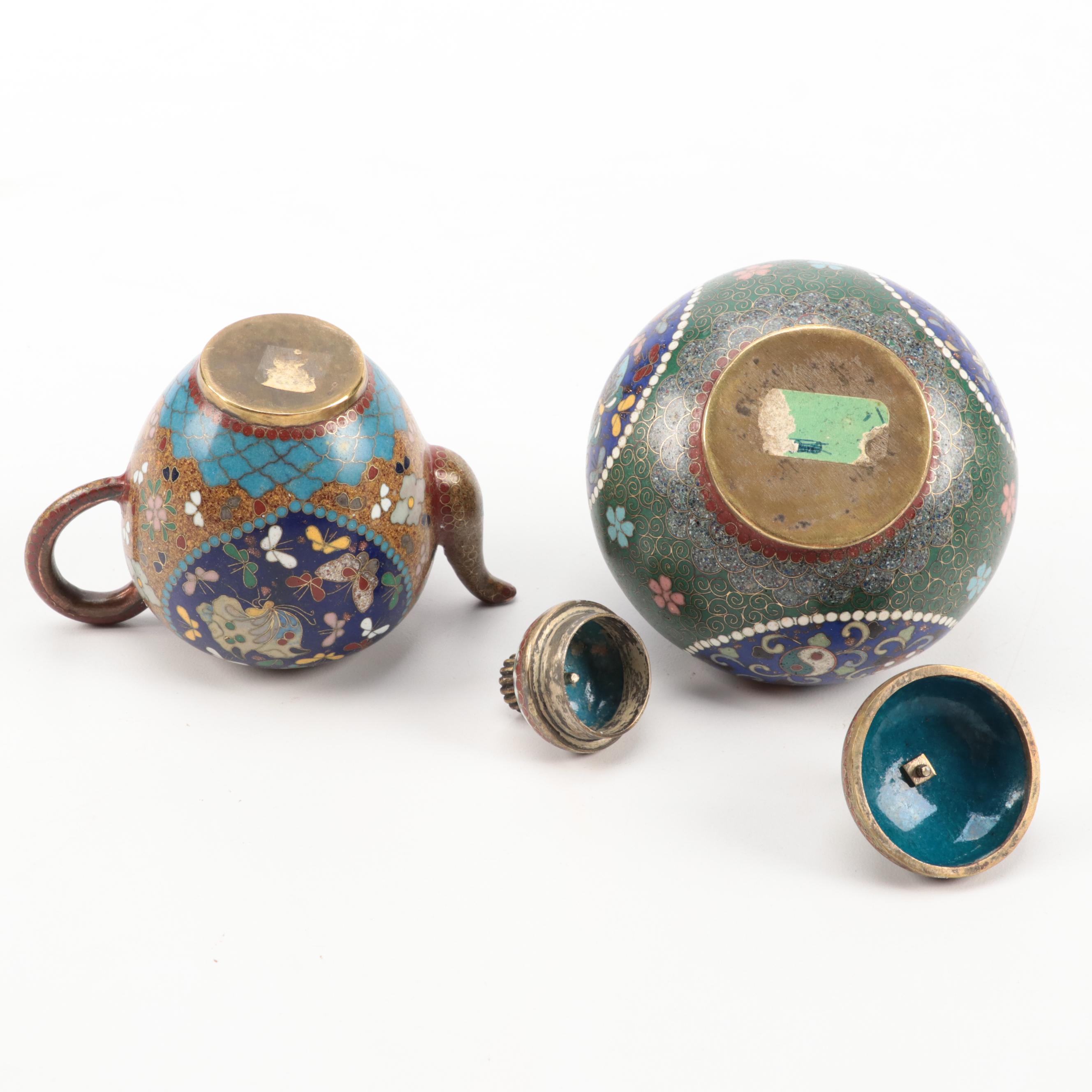 Chinese Cloisonne Vases, Jar, Miniature Teapot and Snuff Bottle