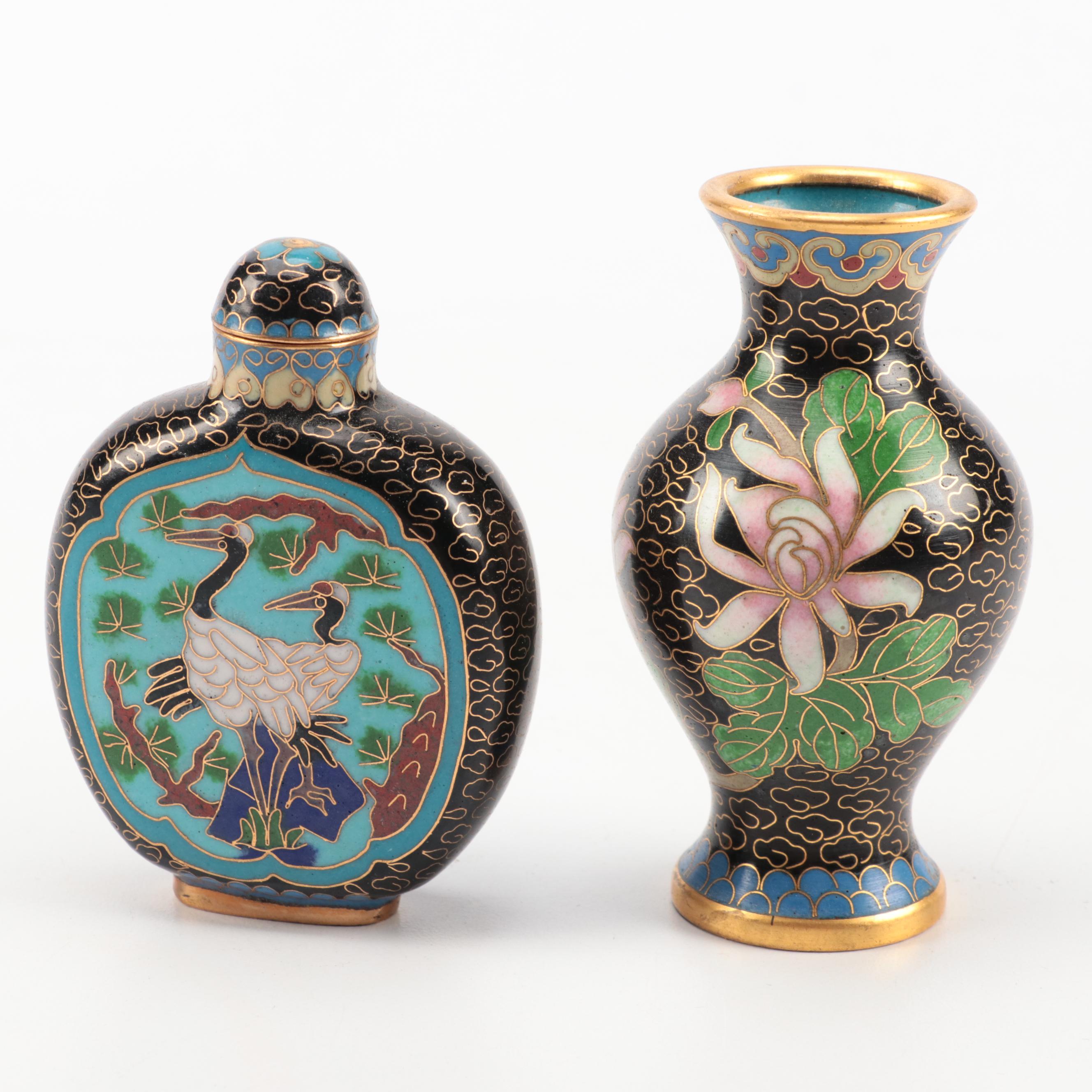 Chinese Cloisonne Vases, Jar, Miniature Teapot and Snuff Bottle