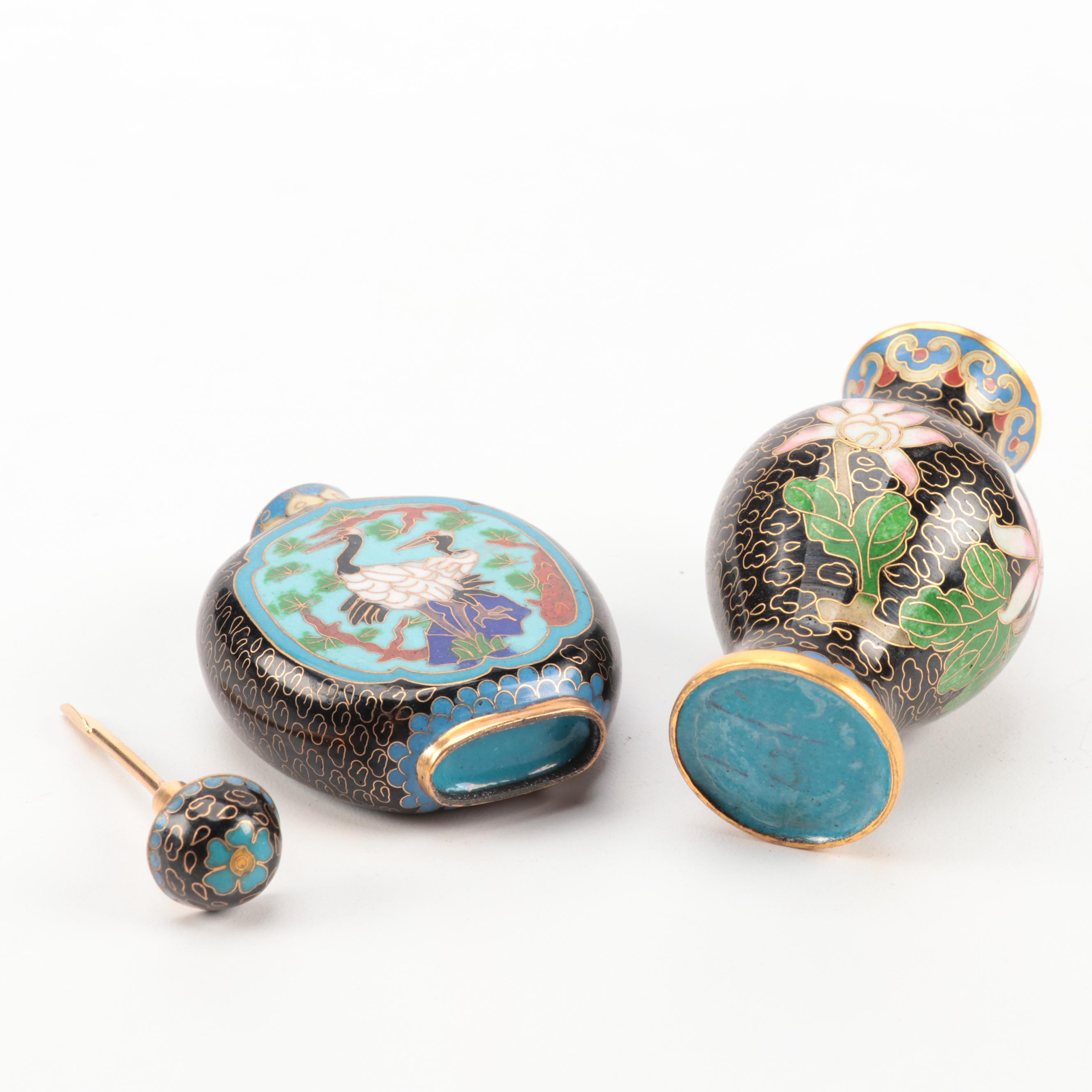 Chinese Cloisonne Vases, Jar, Miniature Teapot and Snuff Bottle