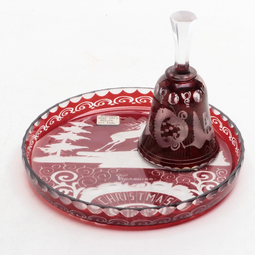 Bohemian Egermann "1973 Christmas" Tray and Bell in Ruby Etched Glass
