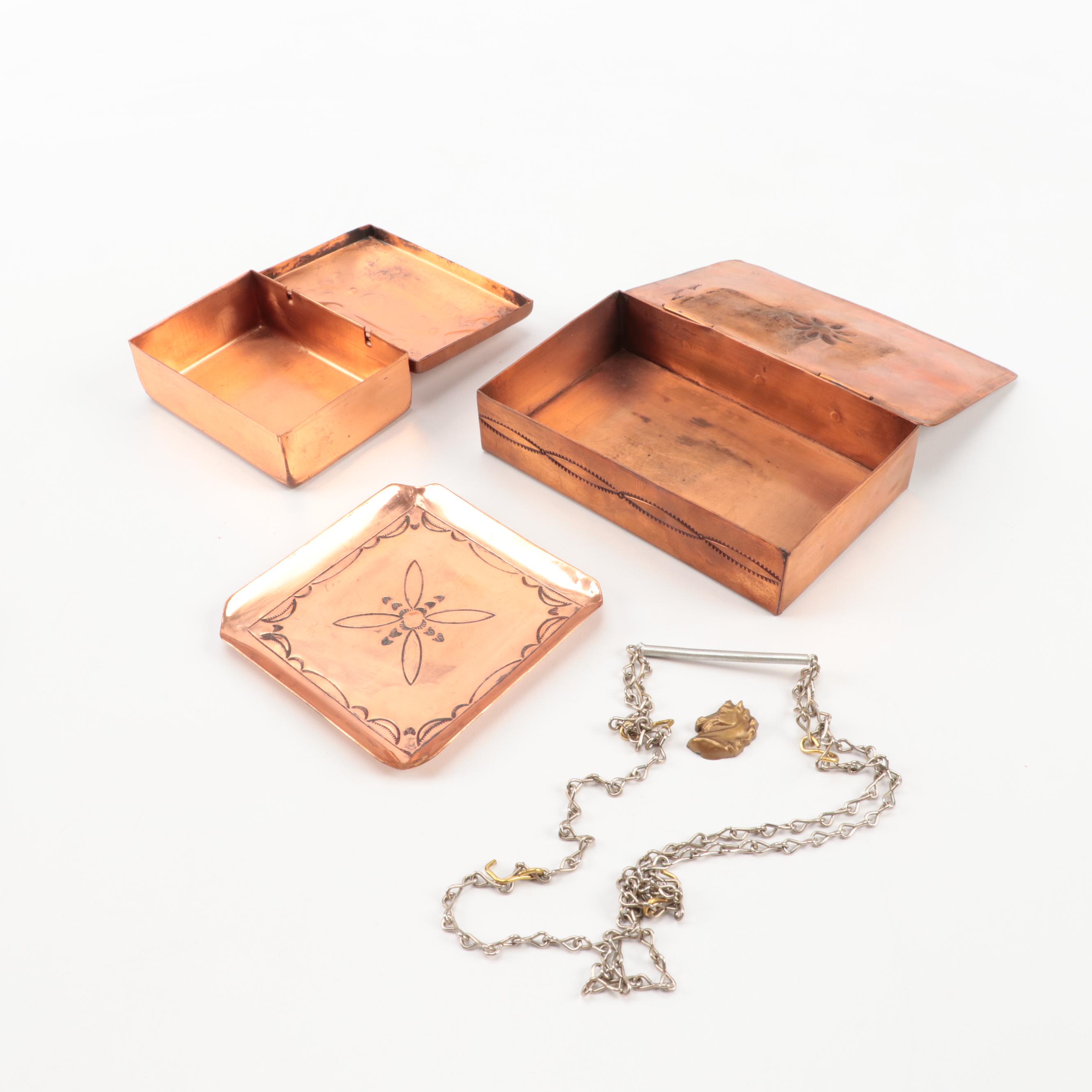 Native American Trading Post Tooled Copper Boxes, Ashtrays and Letter Opener