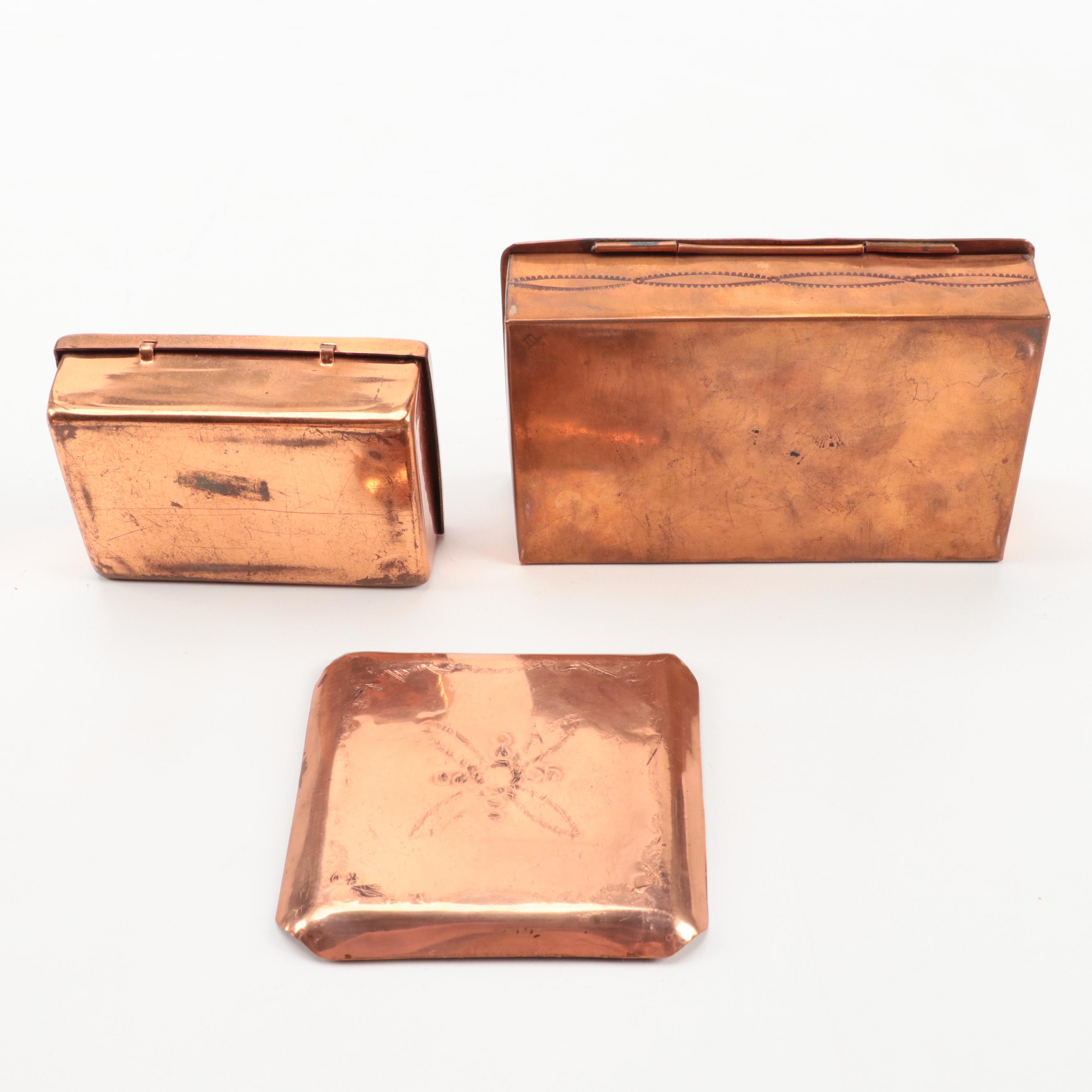 Native American Trading Post Tooled Copper Boxes, Ashtrays and Letter Opener