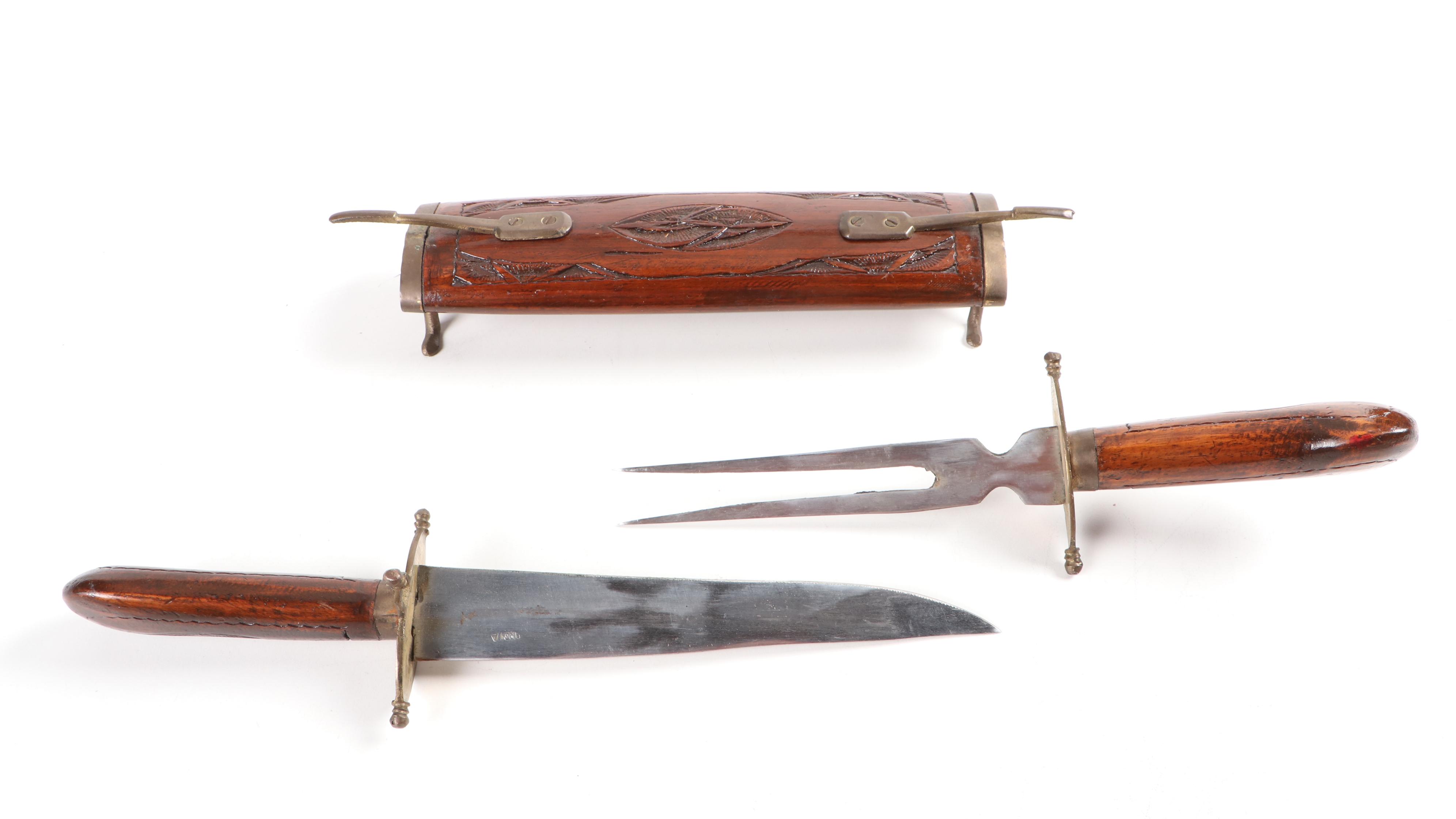 Indian Carving Set with Carved Wood and Brass Case