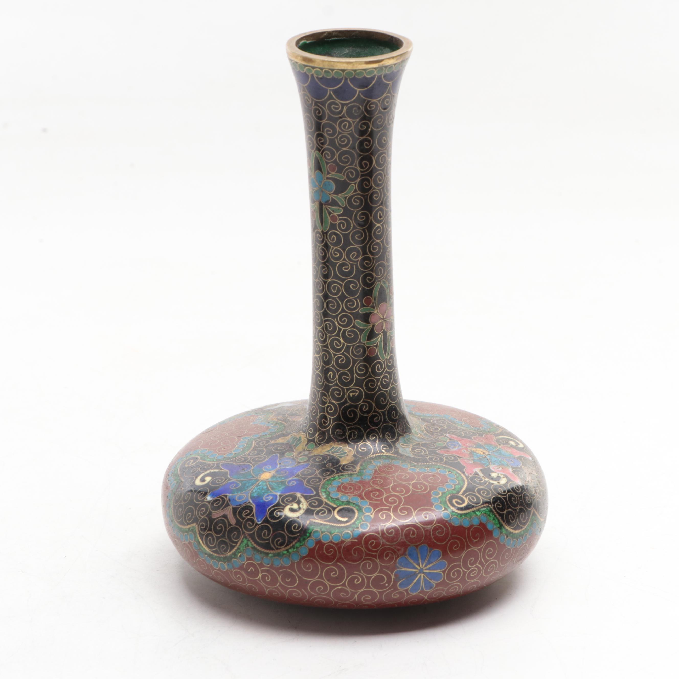 Chinese Cloisonné Ming Style Floral Motif Low Bowl with Vases