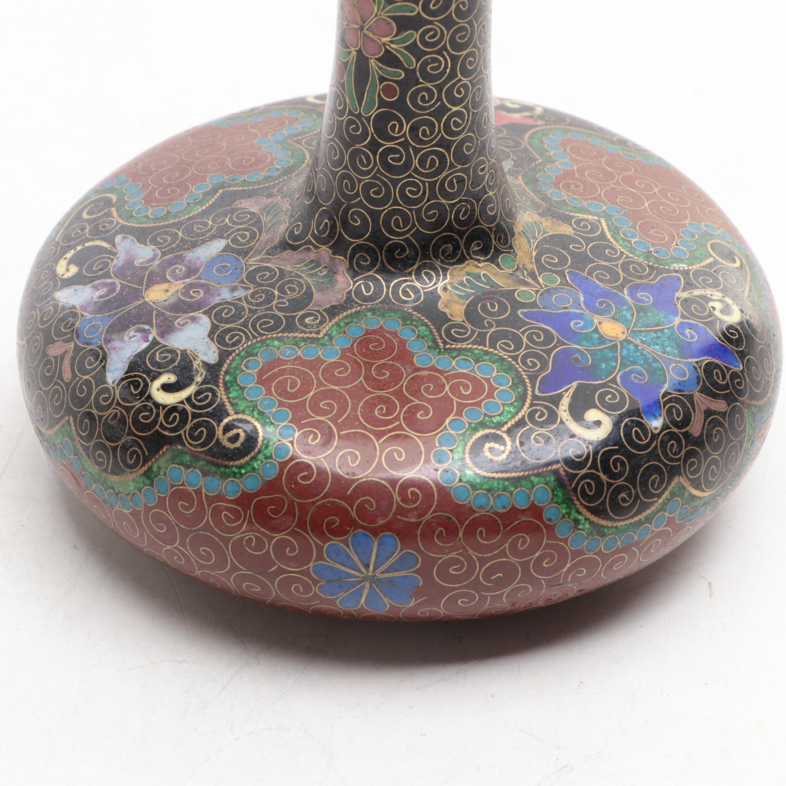 Chinese Cloisonné Ming Style Floral Motif Low Bowl with Vases