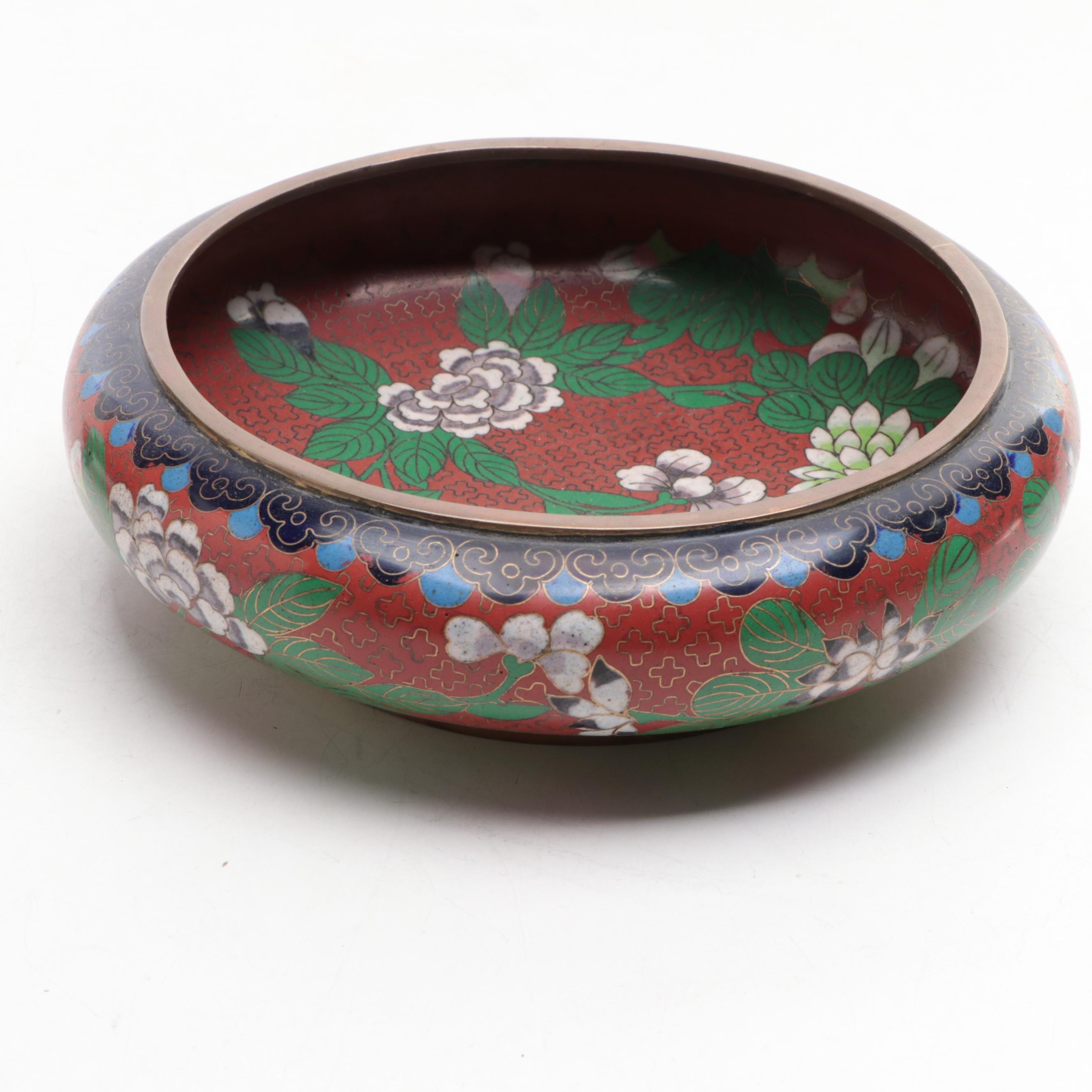 Chinese Cloisonné Ming Style Floral Motif Low Bowl with Vases