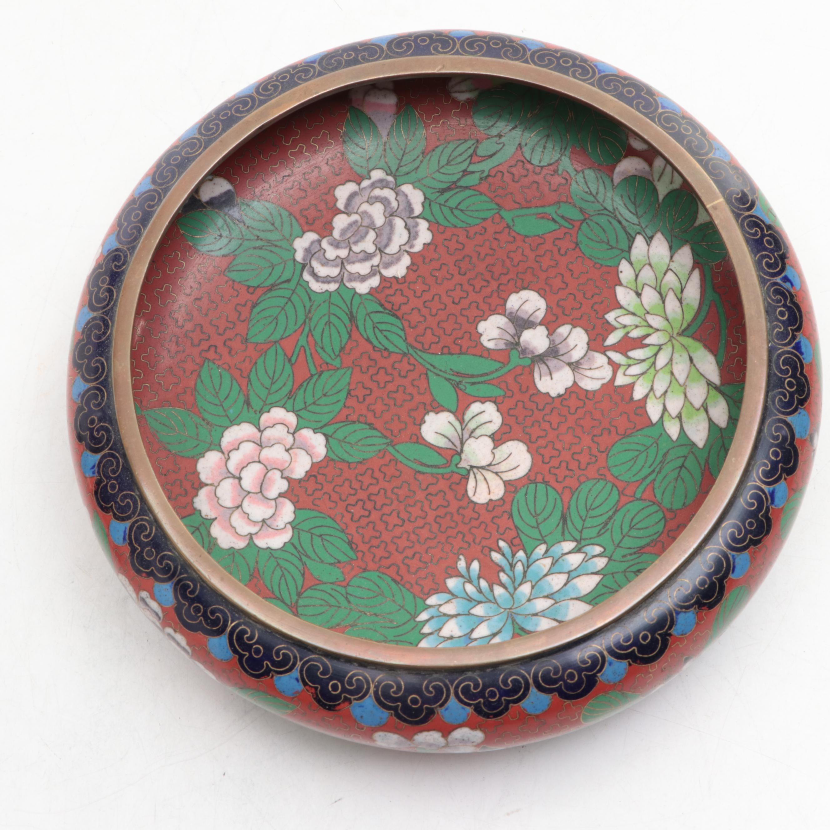 Chinese Cloisonné Ming Style Floral Motif Low Bowl with Vases