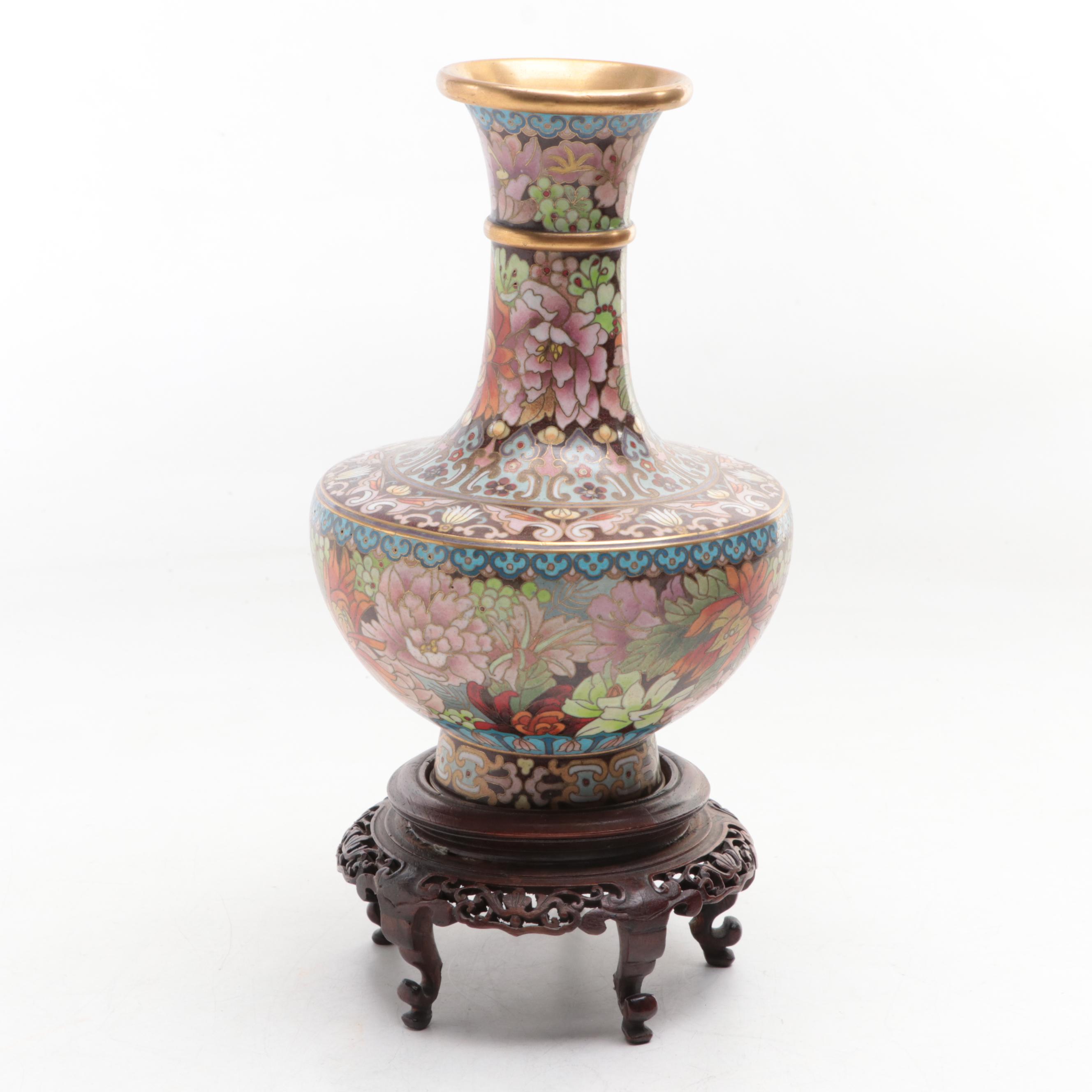 Chinese Cloisonné Ming Style Floral Motif Low Bowl with Vases