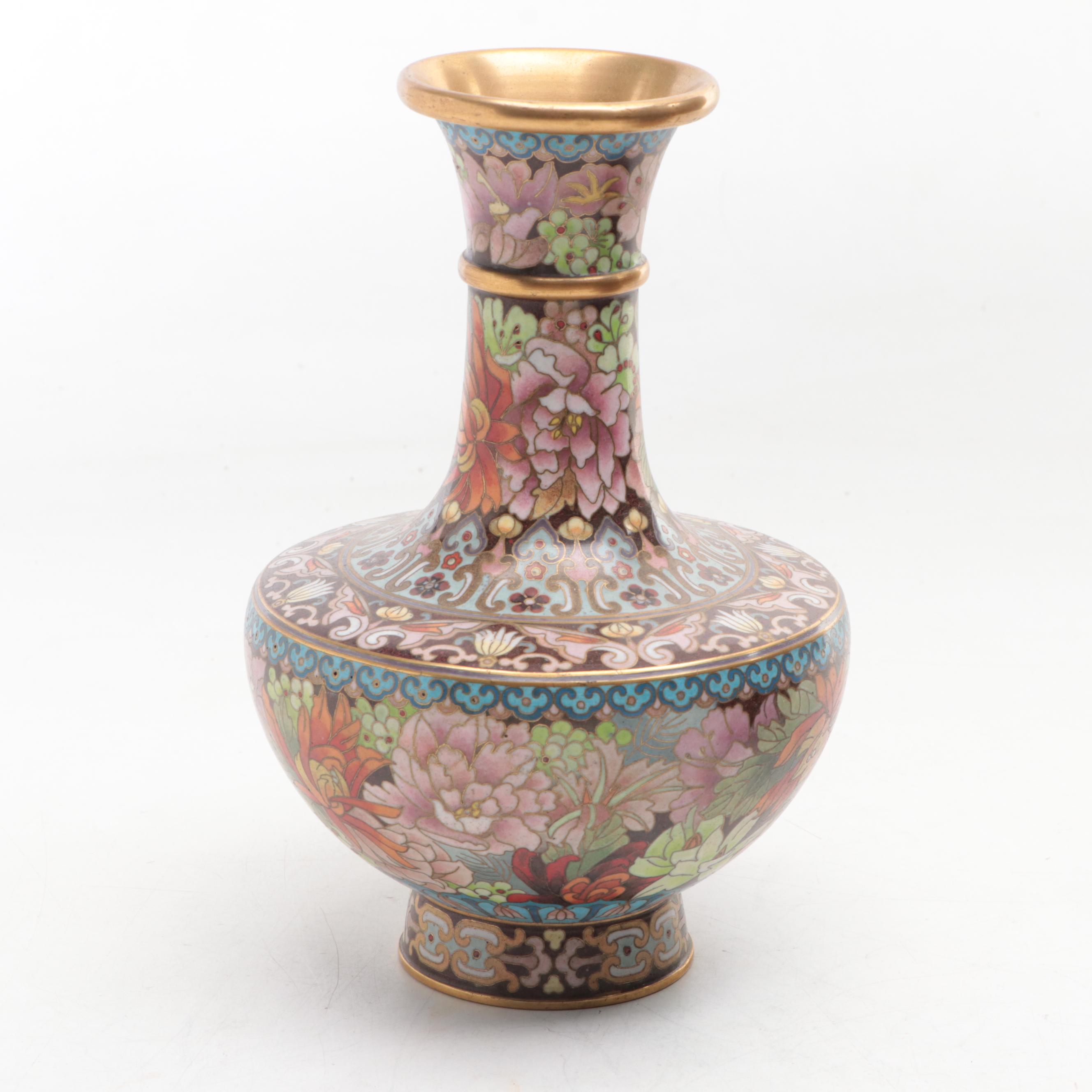 Chinese Cloisonné Ming Style Floral Motif Low Bowl with Vases