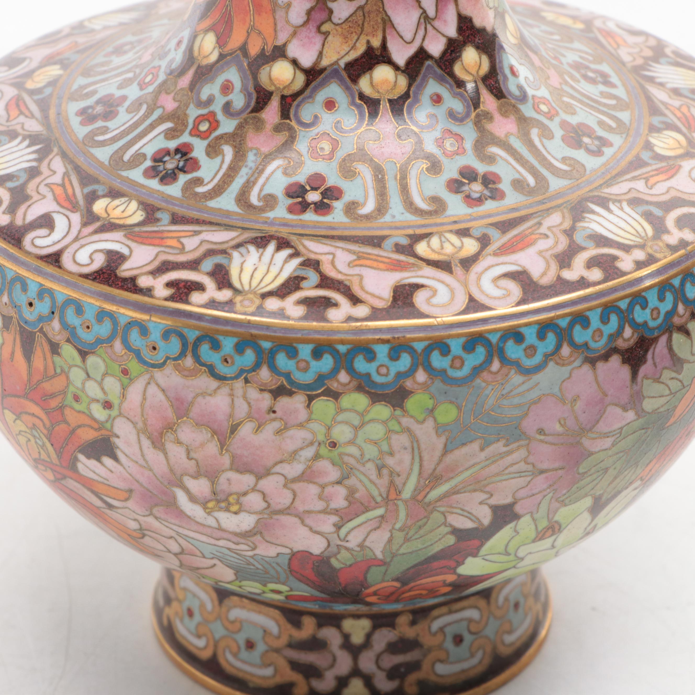 Chinese Cloisonné Ming Style Floral Motif Low Bowl with Vases