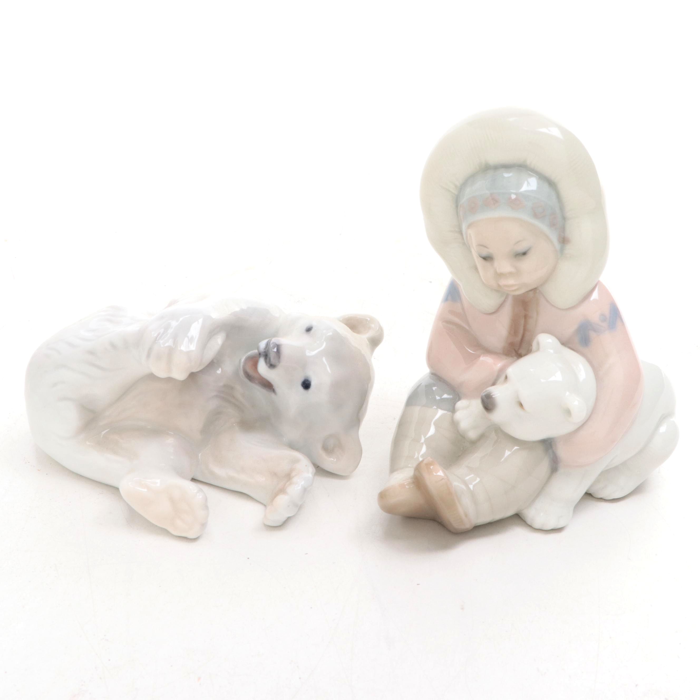 Royal Copenhagen Bear Cub with Lladro Child and Bear Figurines