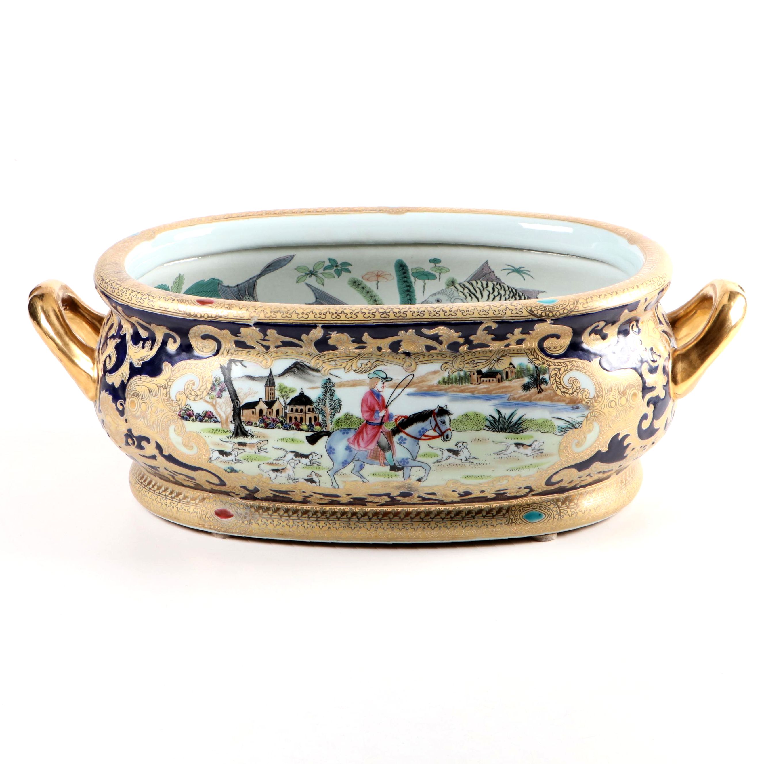 Hunt Scene Gilt Decorated Porcelain Foot Bath Planter
