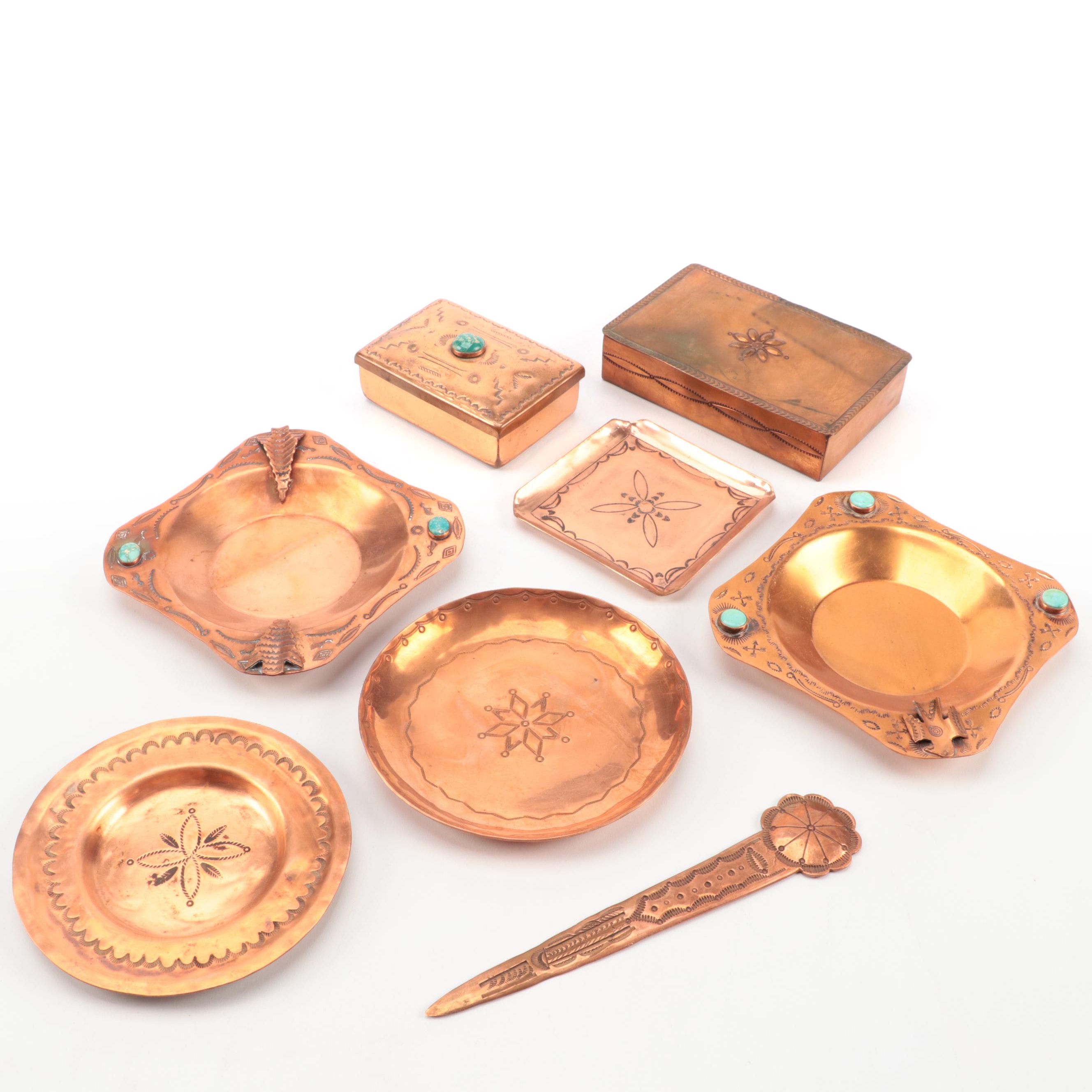 Native American Trading Post Tooled Copper Boxes, Ashtrays and Letter Opener