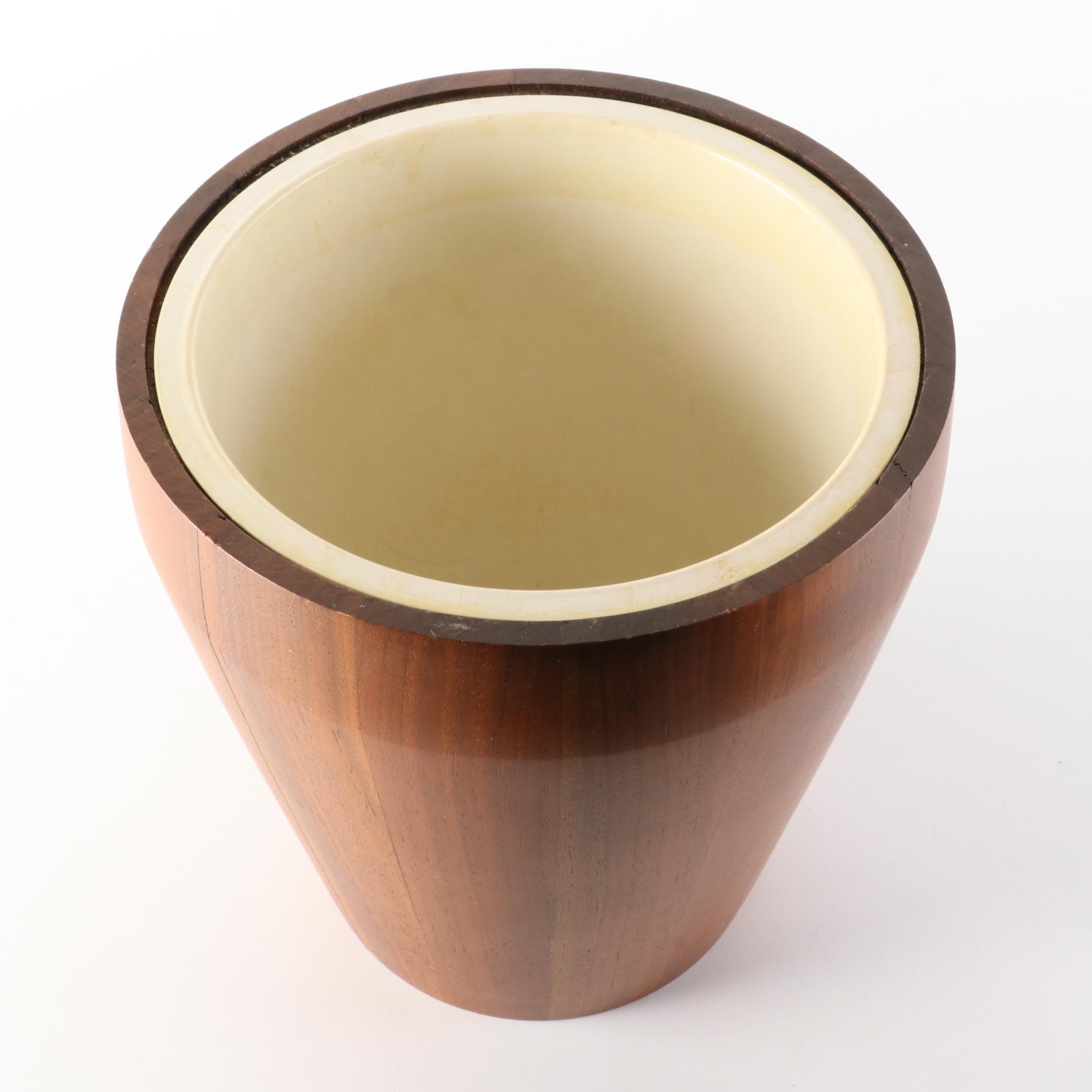 Teak Staved Ice Bucket with Beer Stein and Wallace Silver Plate Bar Tools