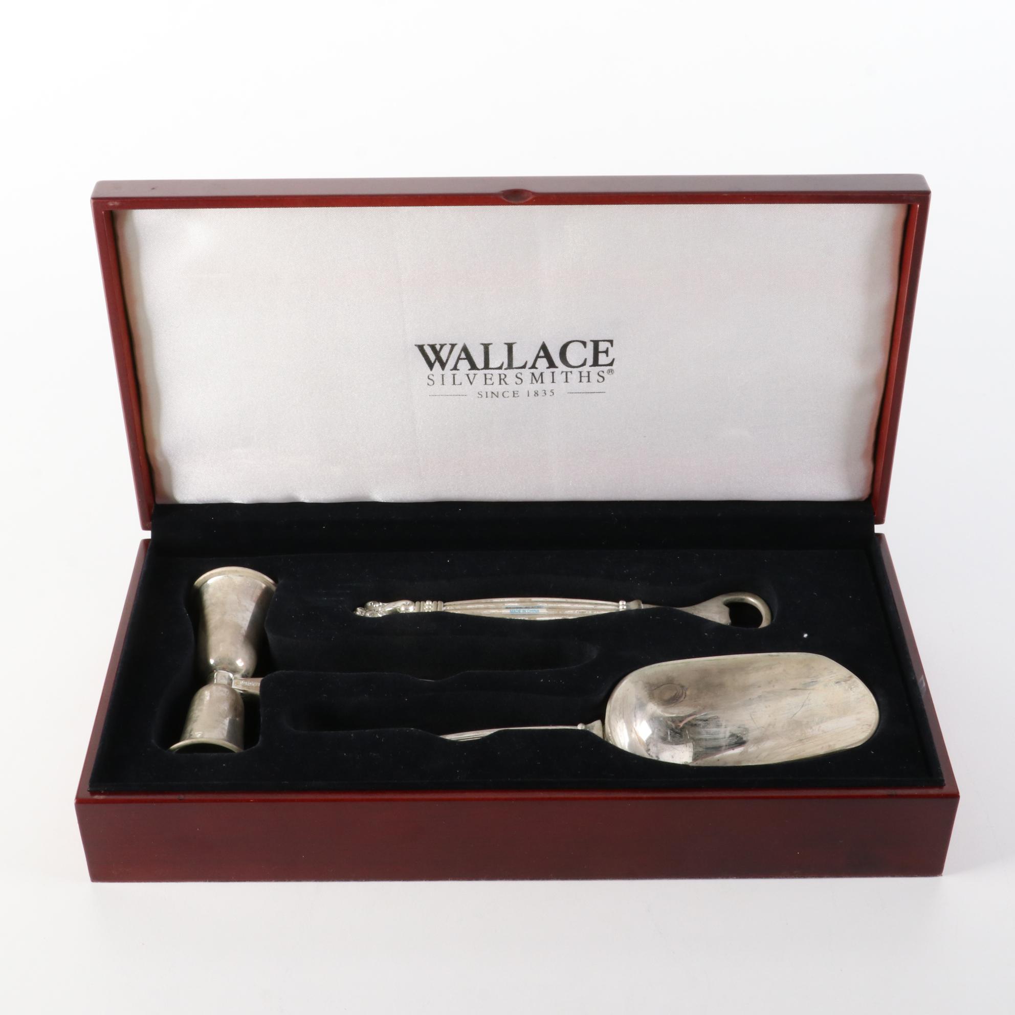 Teak Staved Ice Bucket with Beer Stein and Wallace Silver Plate Bar Tools