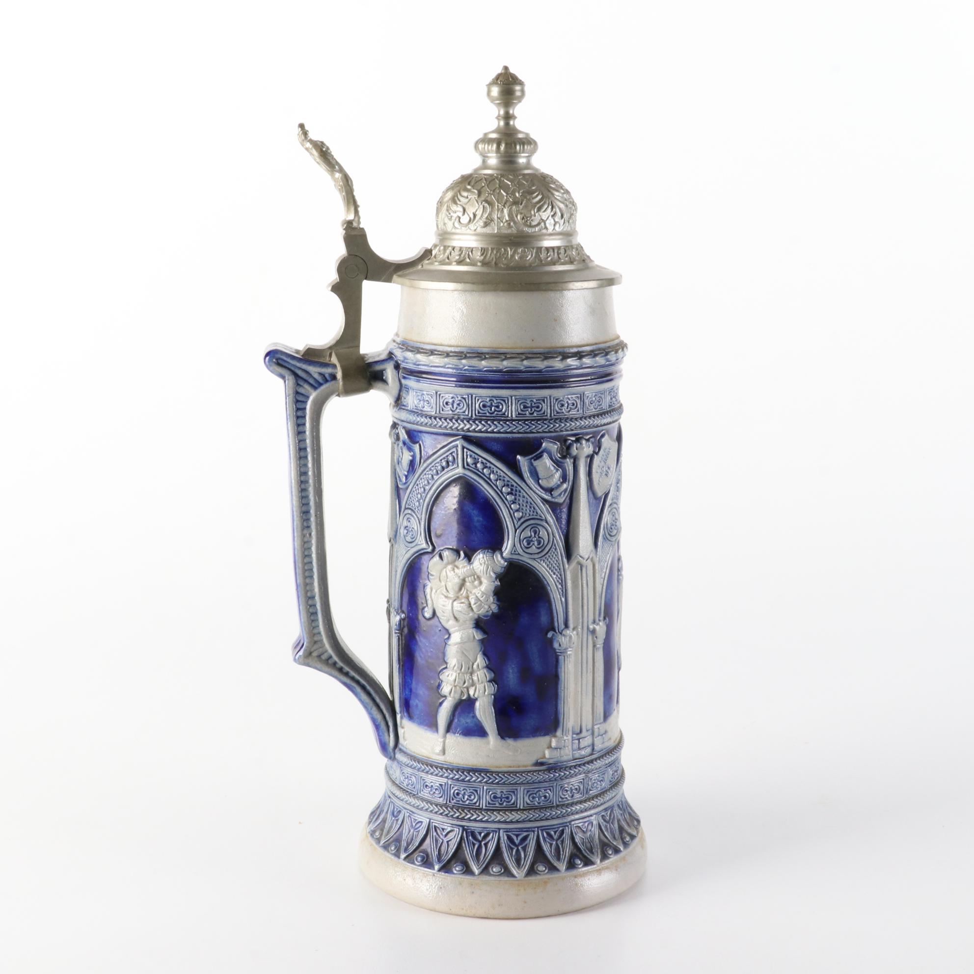 Teak Staved Ice Bucket with Beer Stein and Wallace Silver Plate Bar Tools