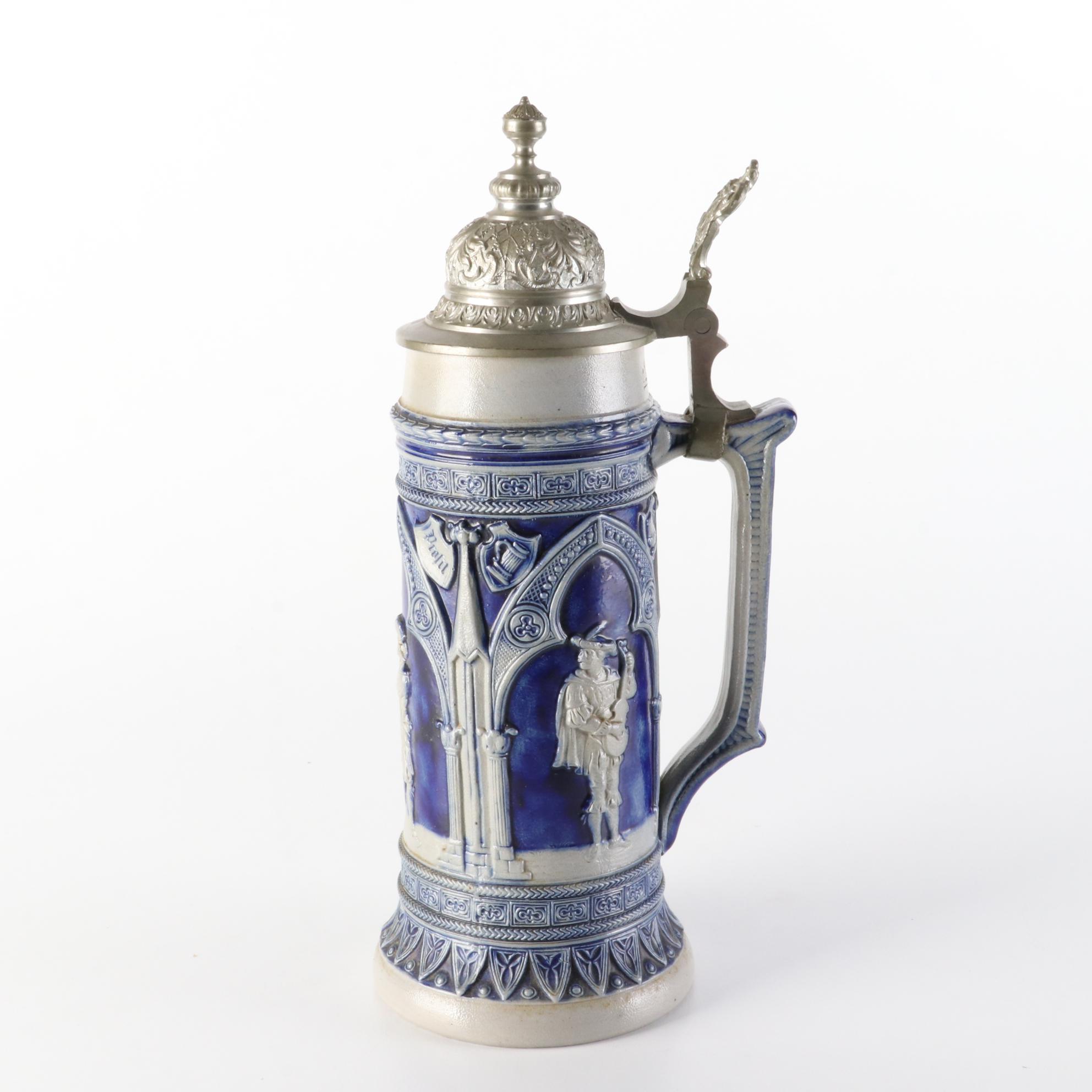 Teak Staved Ice Bucket with Beer Stein and Wallace Silver Plate Bar Tools