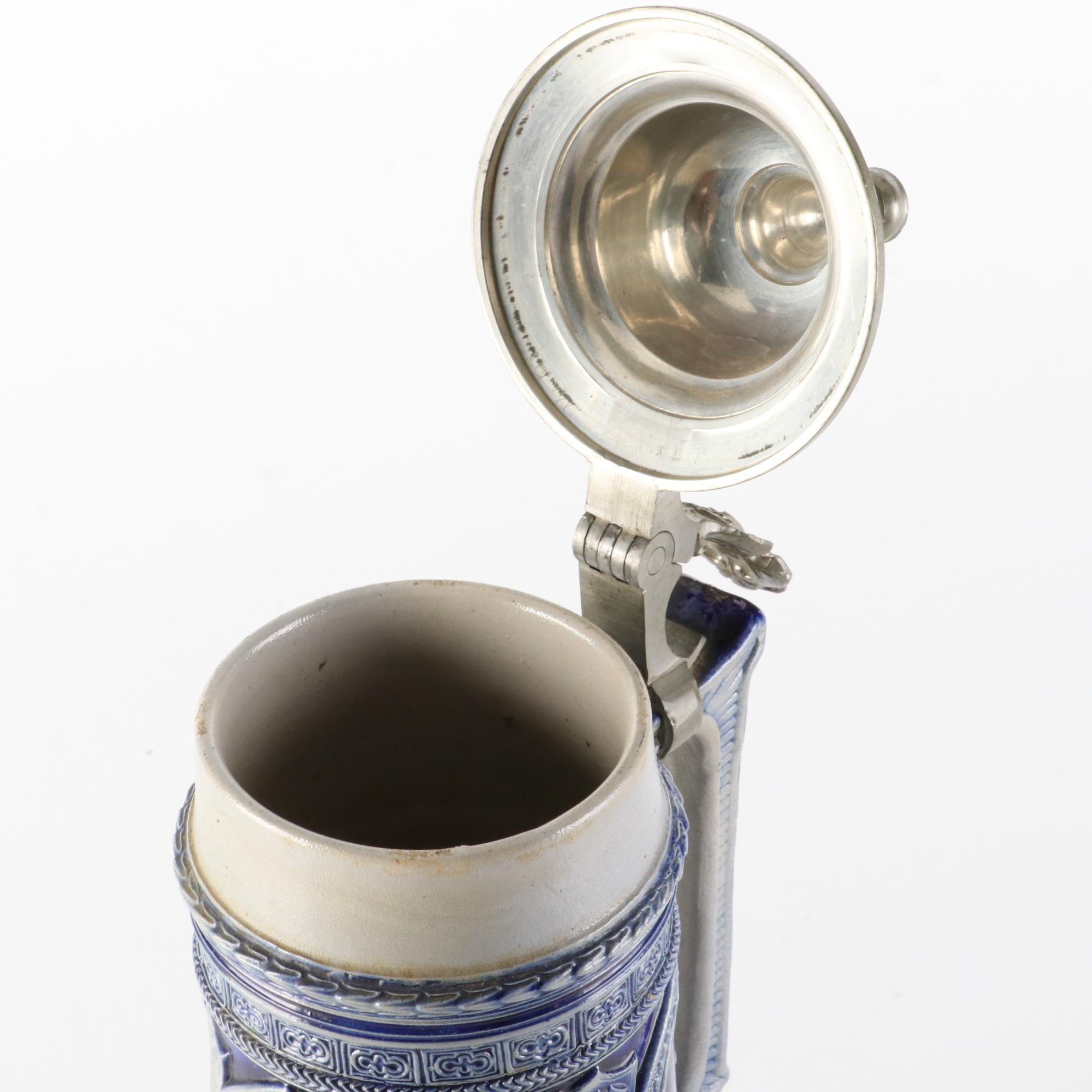 Teak Staved Ice Bucket with Beer Stein and Wallace Silver Plate Bar Tools