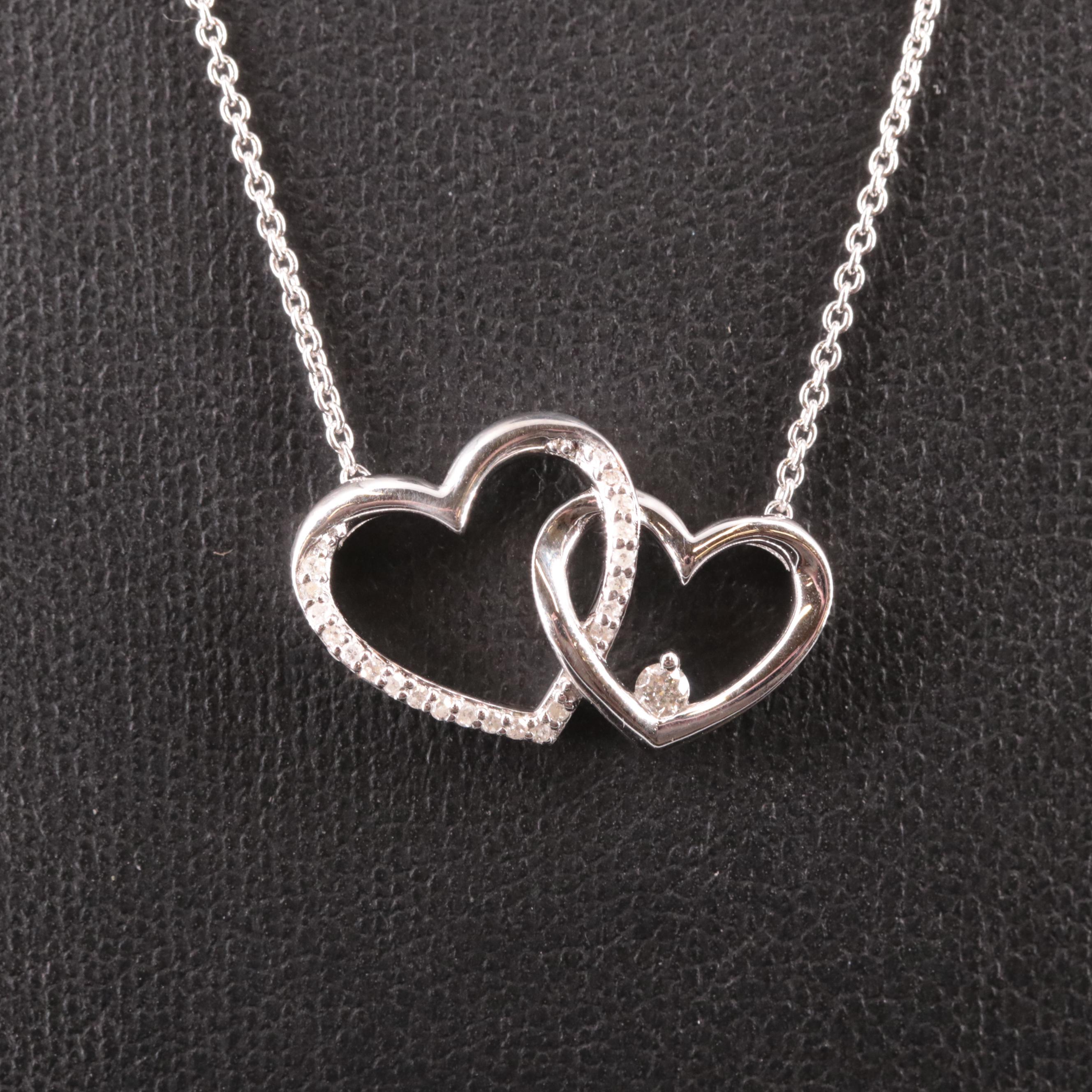 Sterling Diamond Double Heart Pendant Necklace