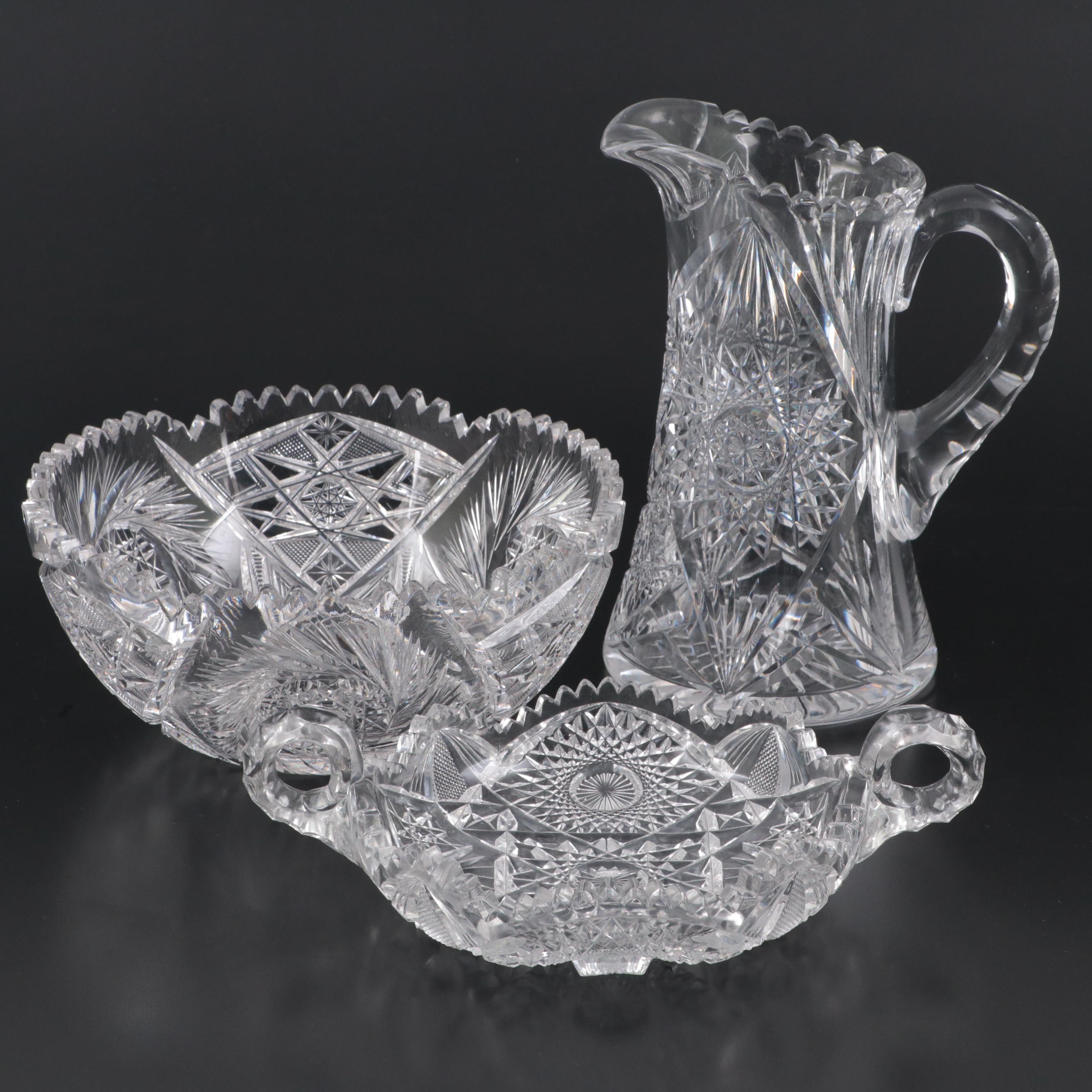 American Brilliant Cut Glass Pitcher, Bowl and Molded Handled Dish