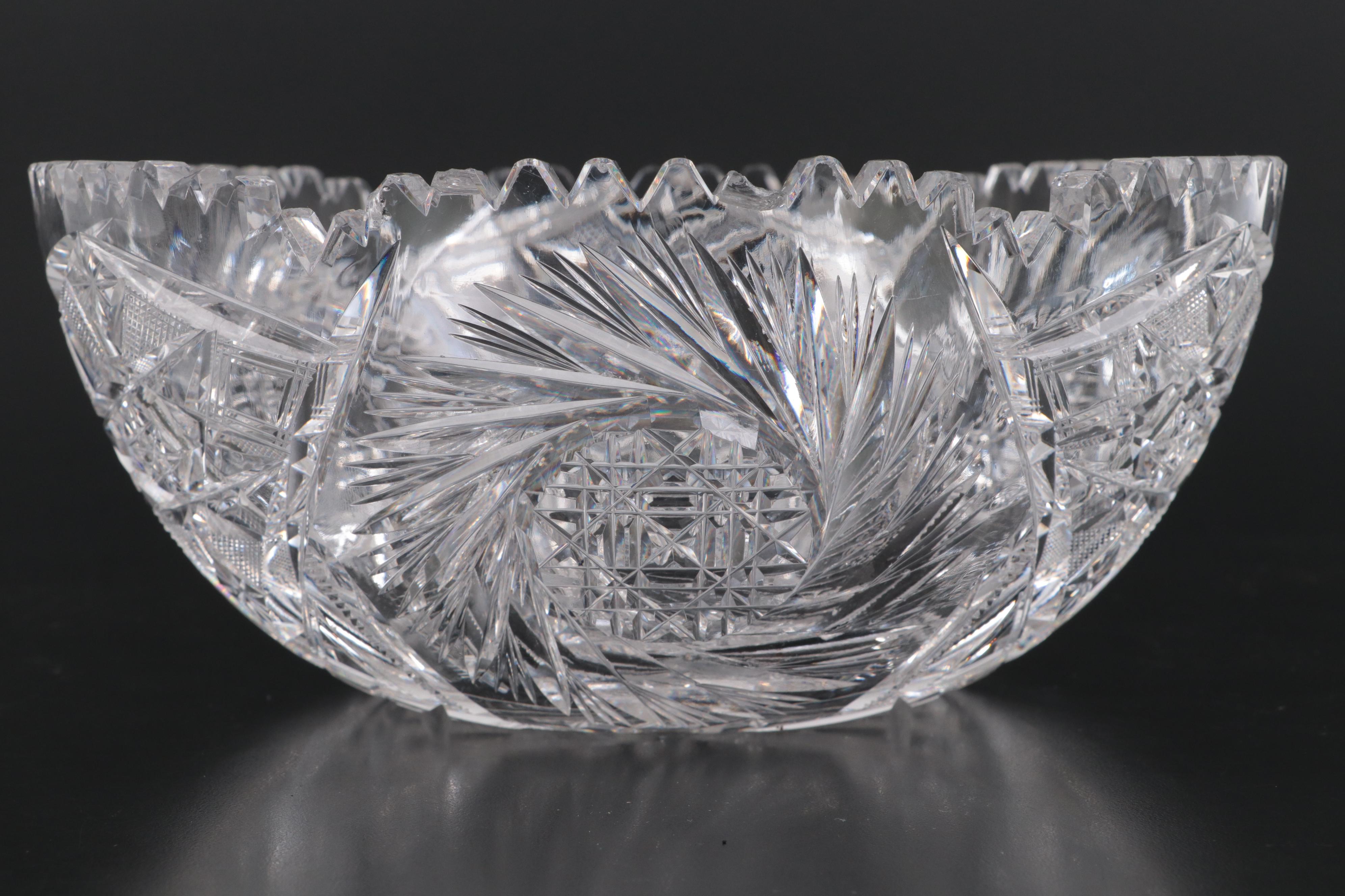 American Brilliant Cut Glass Pitcher, Bowl and Molded Handled Dish