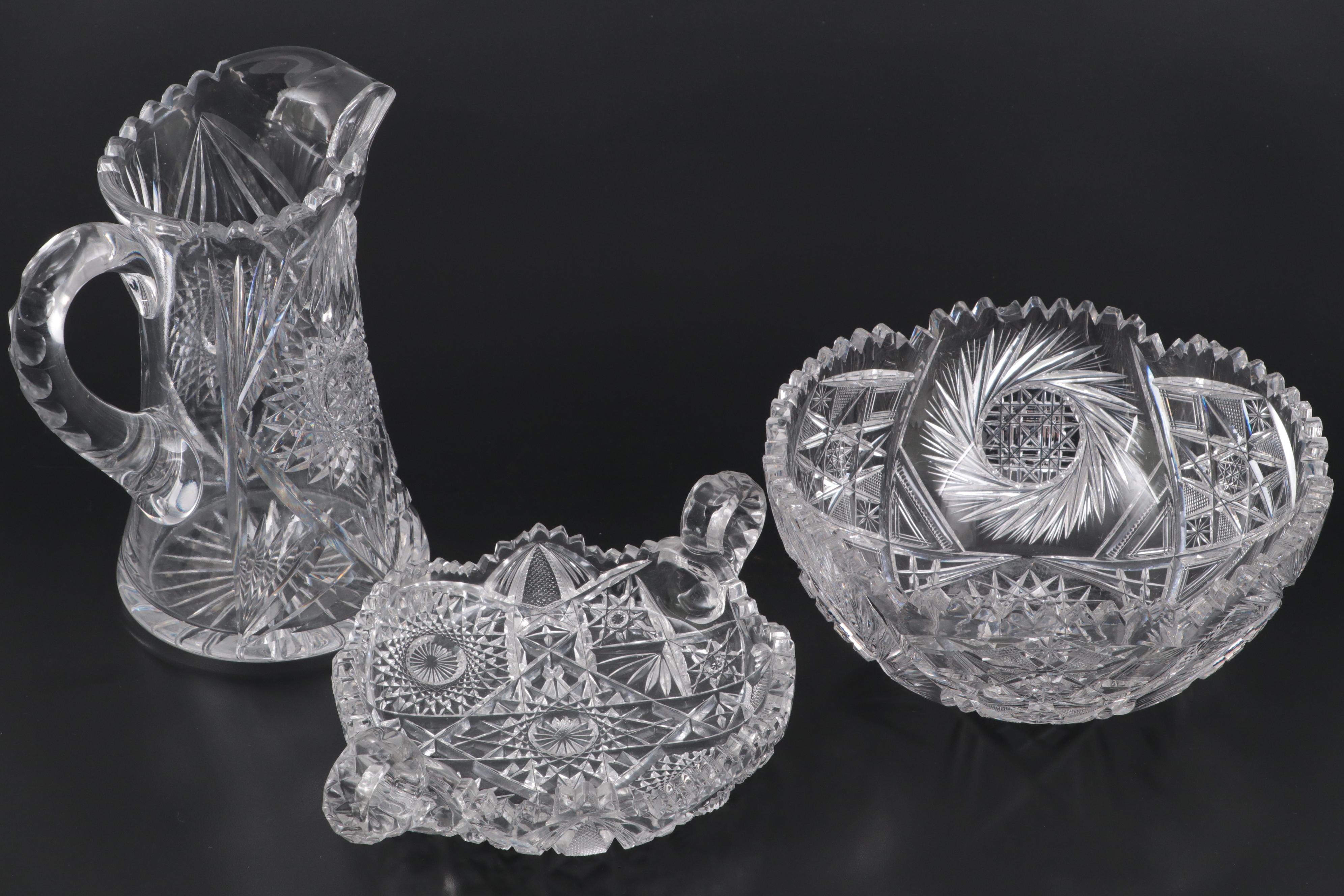 American Brilliant Cut Glass Pitcher, Bowl and Molded Handled Dish