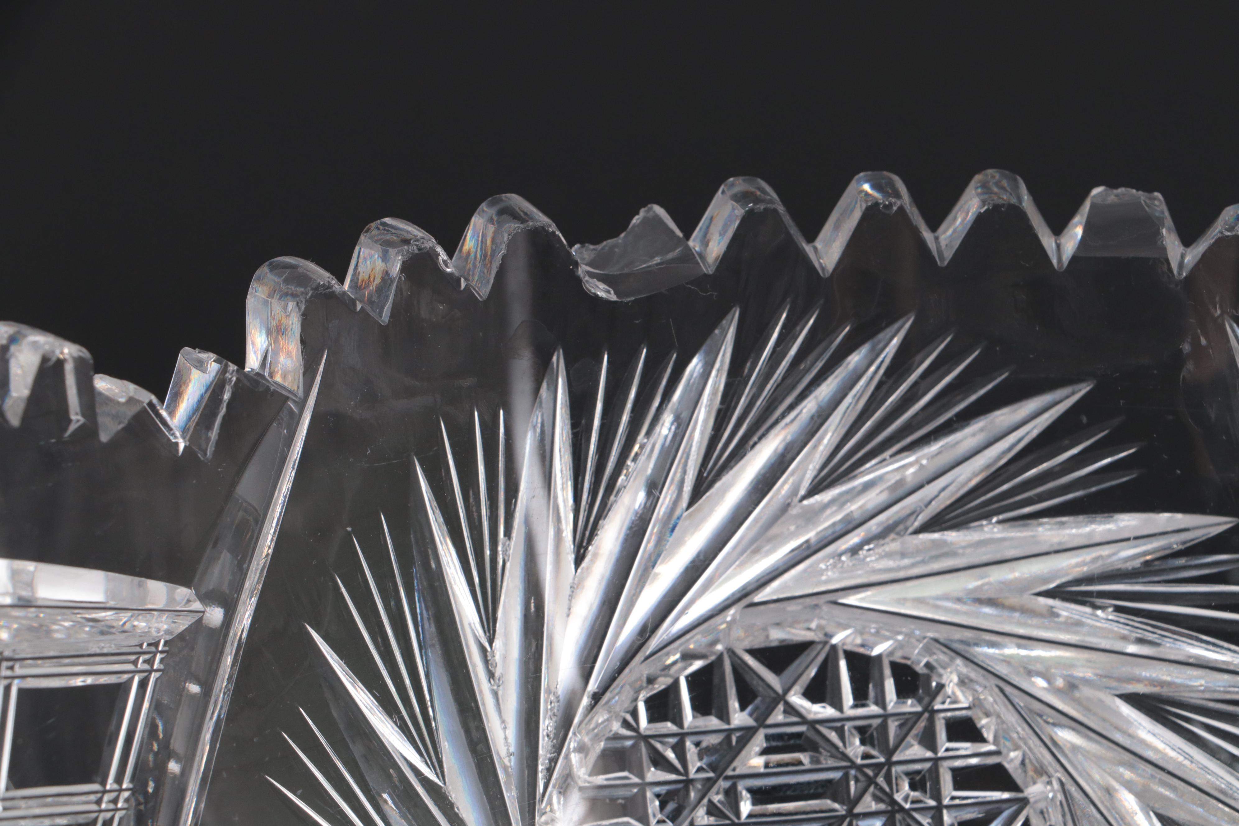 American Brilliant Cut Glass Pitcher, Bowl and Molded Handled Dish