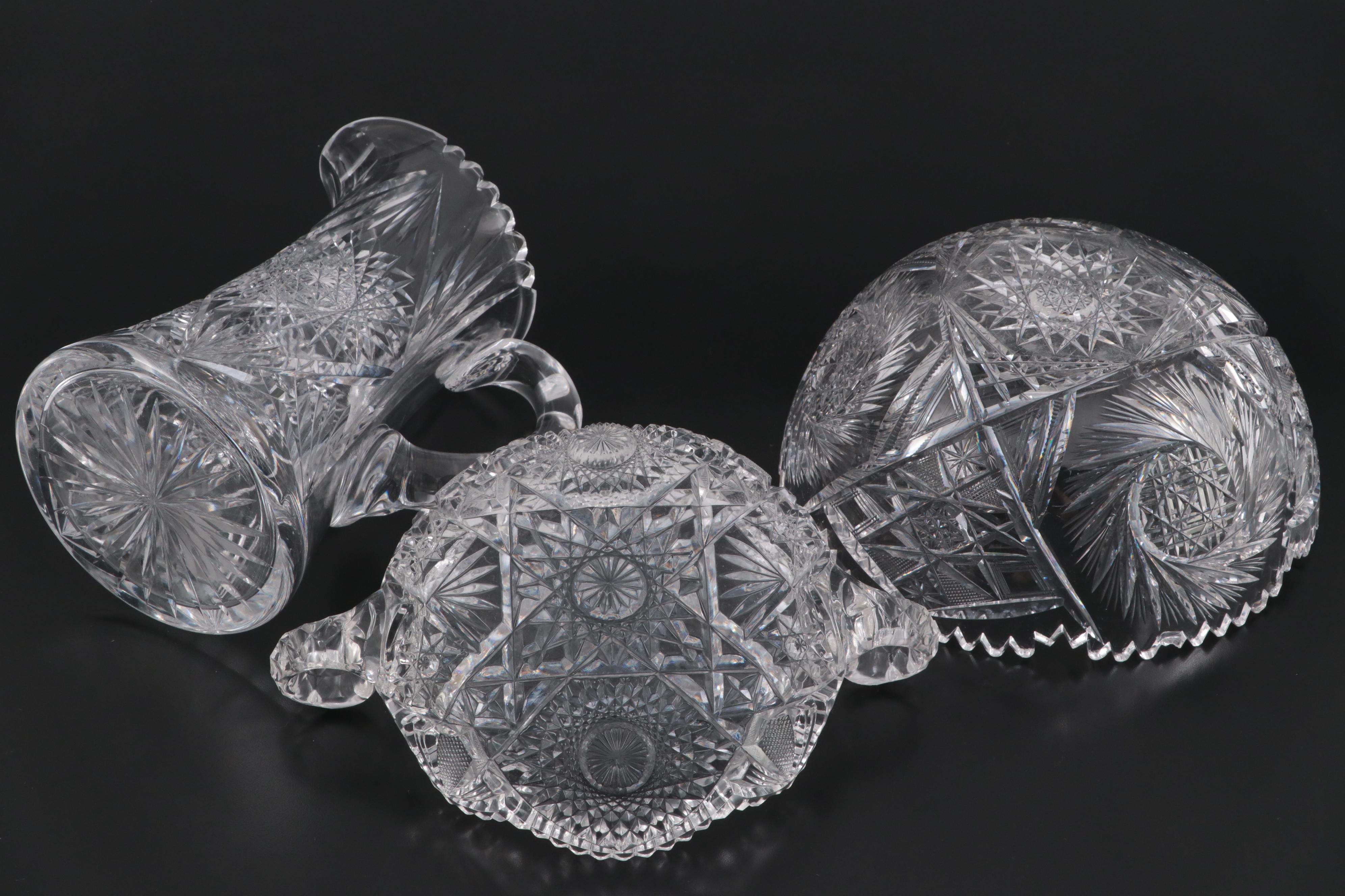 American Brilliant Cut Glass Pitcher, Bowl and Molded Handled Dish