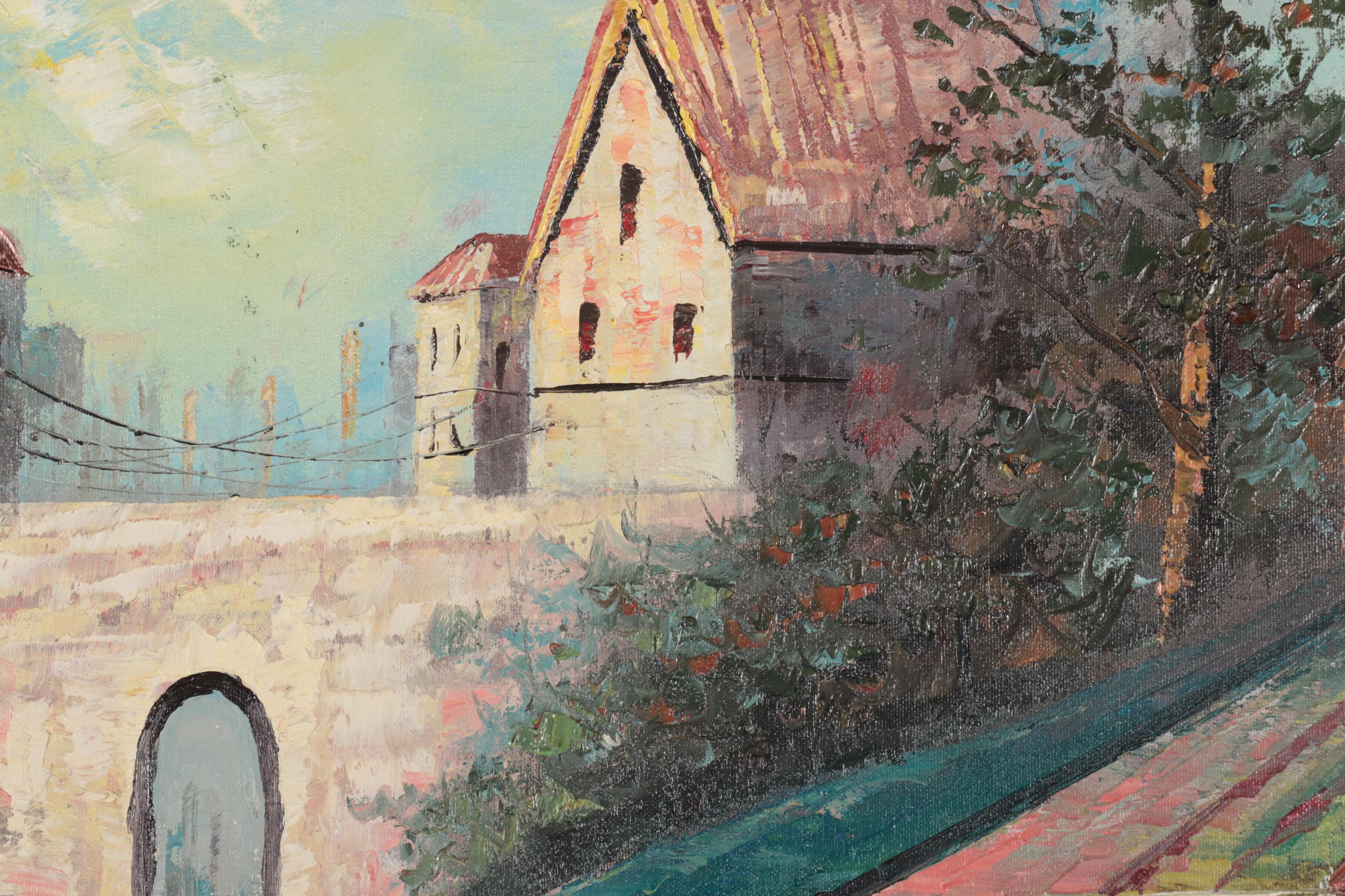 Flower Market Oil Painting, Mid to Late 20th Century