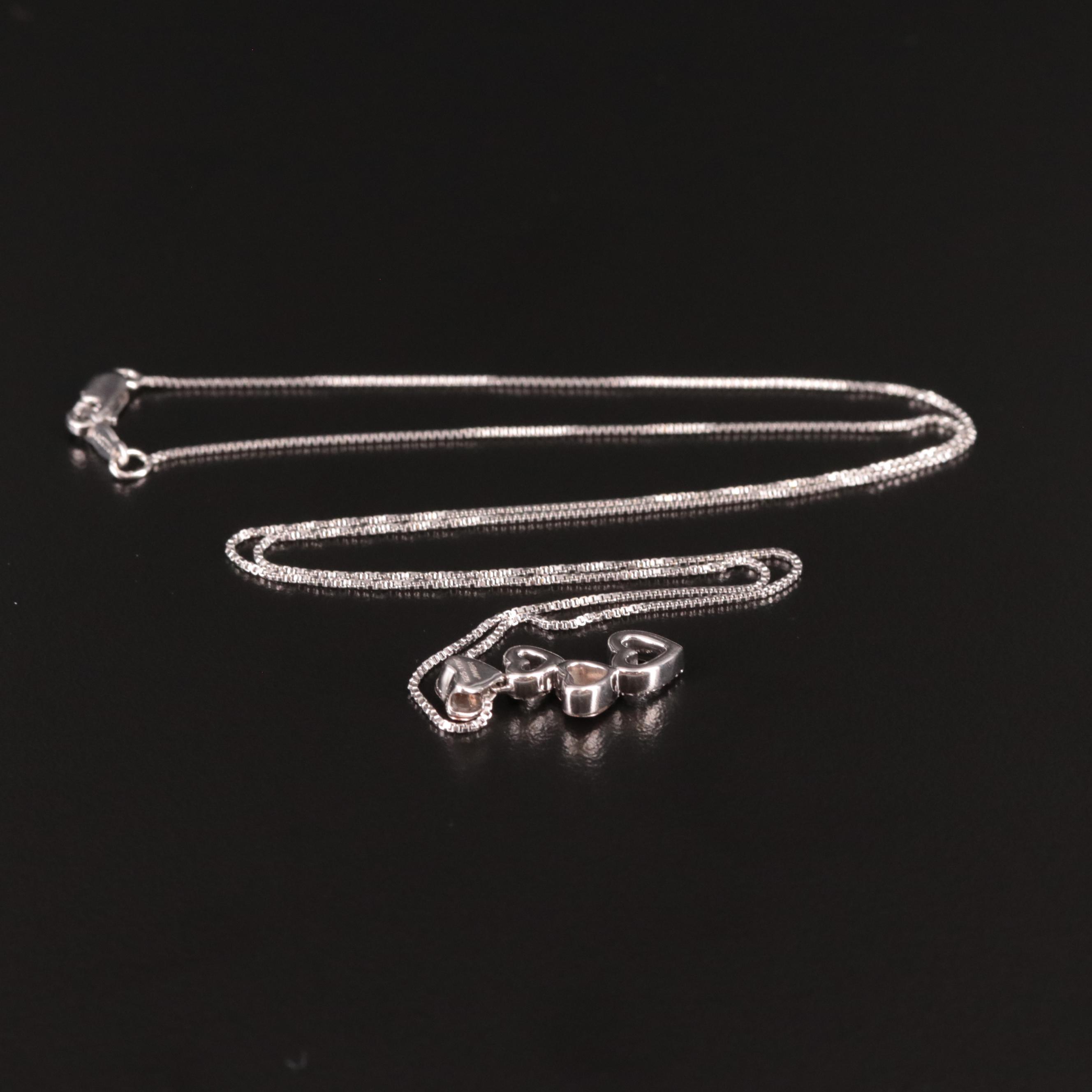 Sterling Diamond Pendant Necklace Featuring 10K Hearts