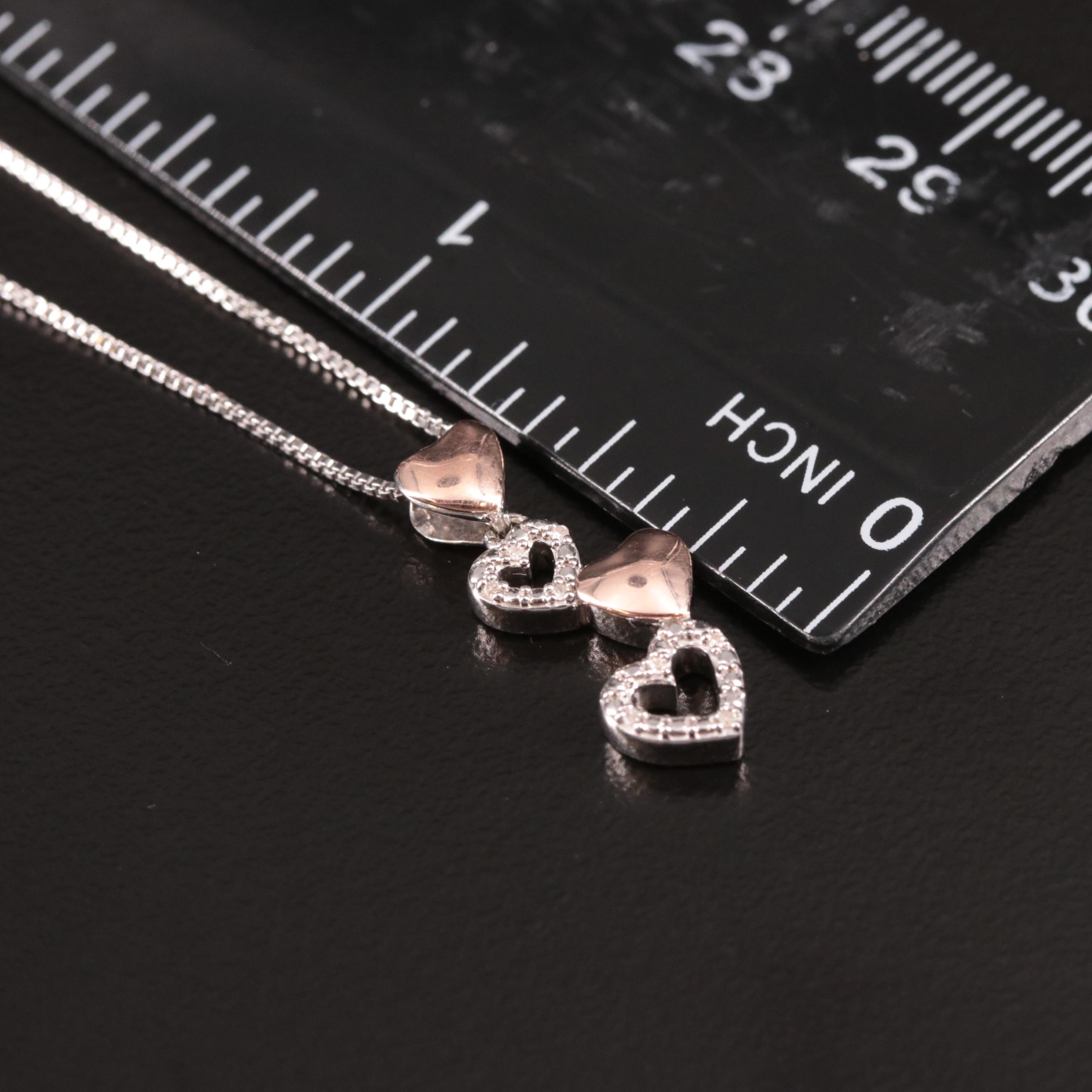 Sterling Diamond Pendant Necklace Featuring 10K Hearts