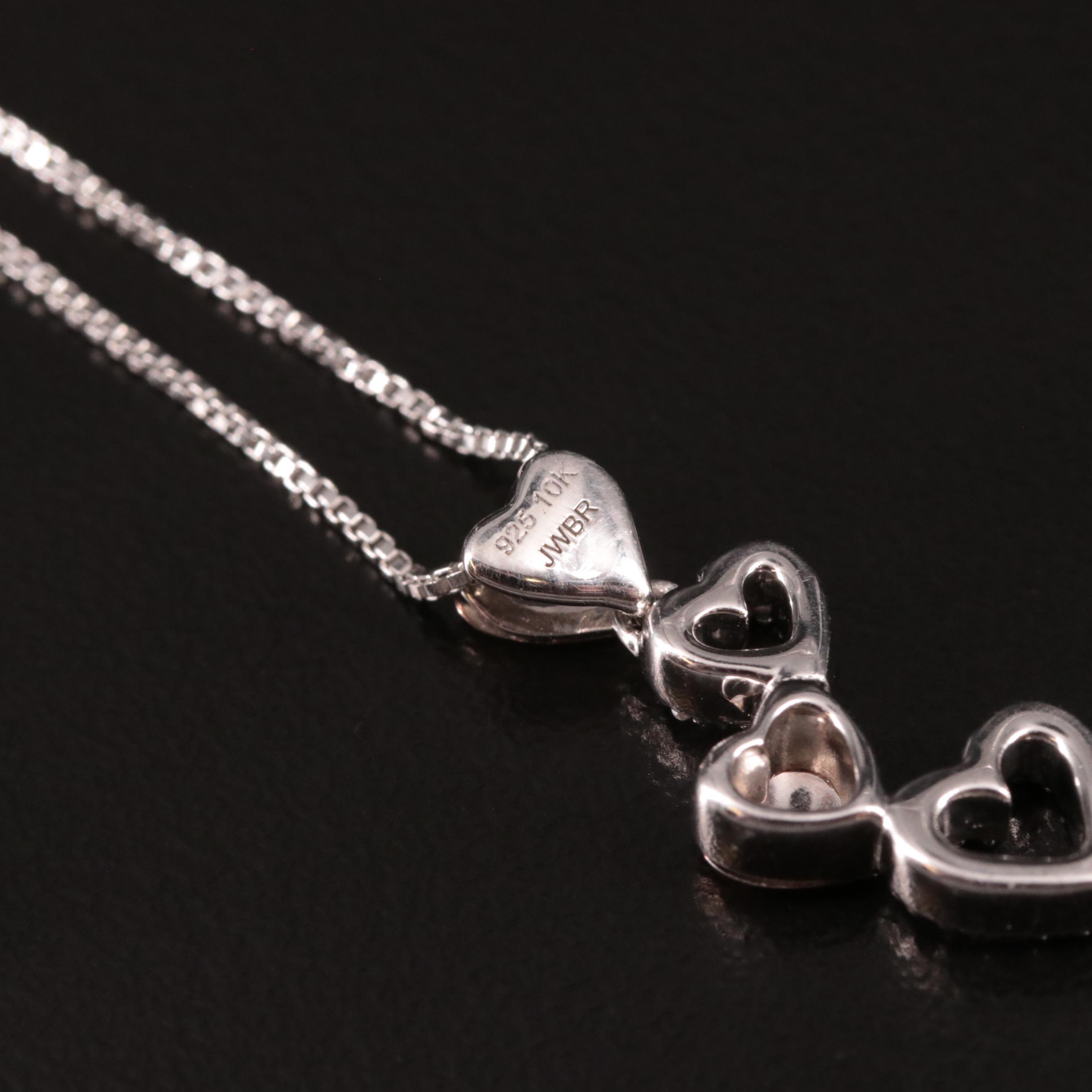 Sterling Diamond Pendant Necklace Featuring 10K Hearts