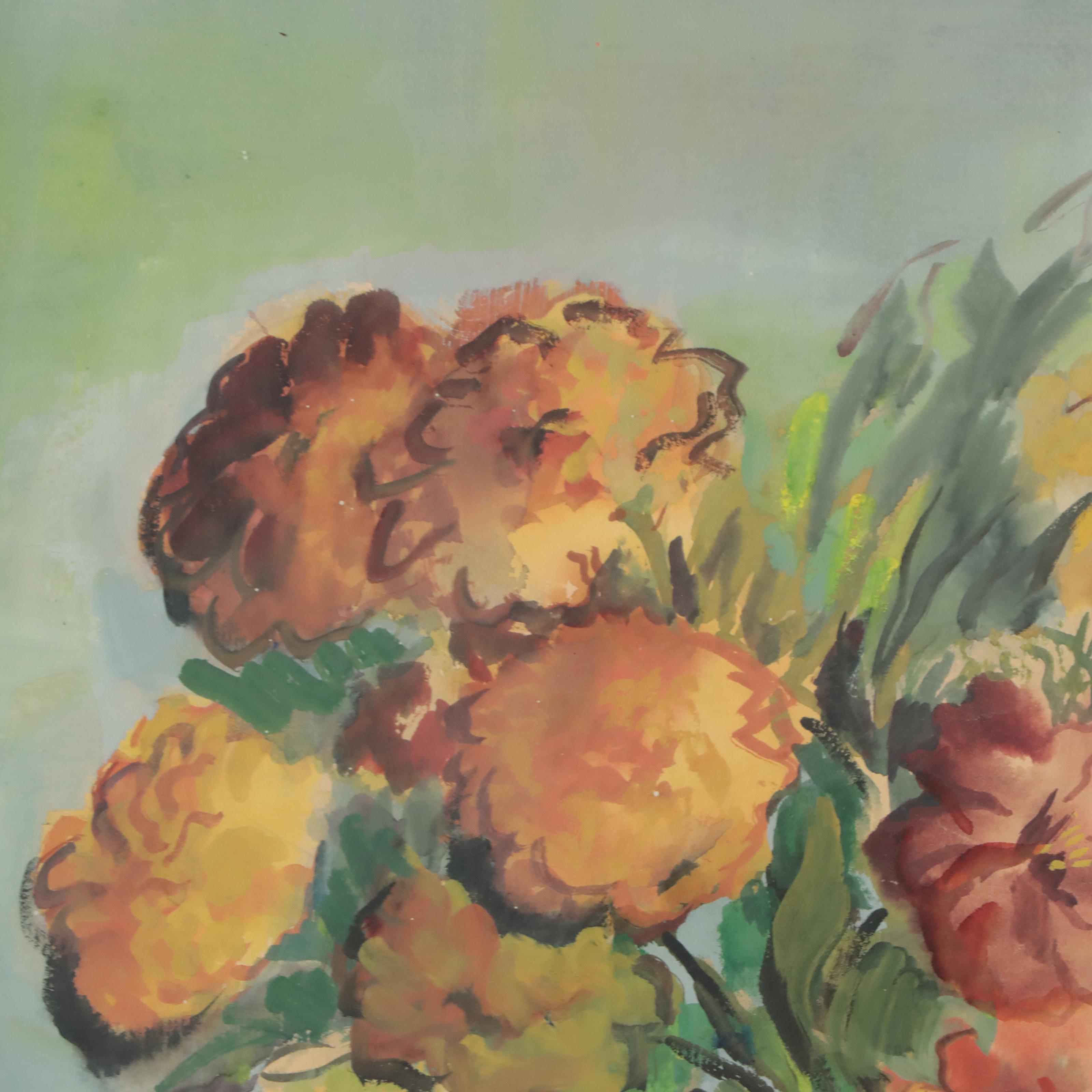 Sally Swiss Watercolor Painting "Zinnias," Early to Mid-20th Century